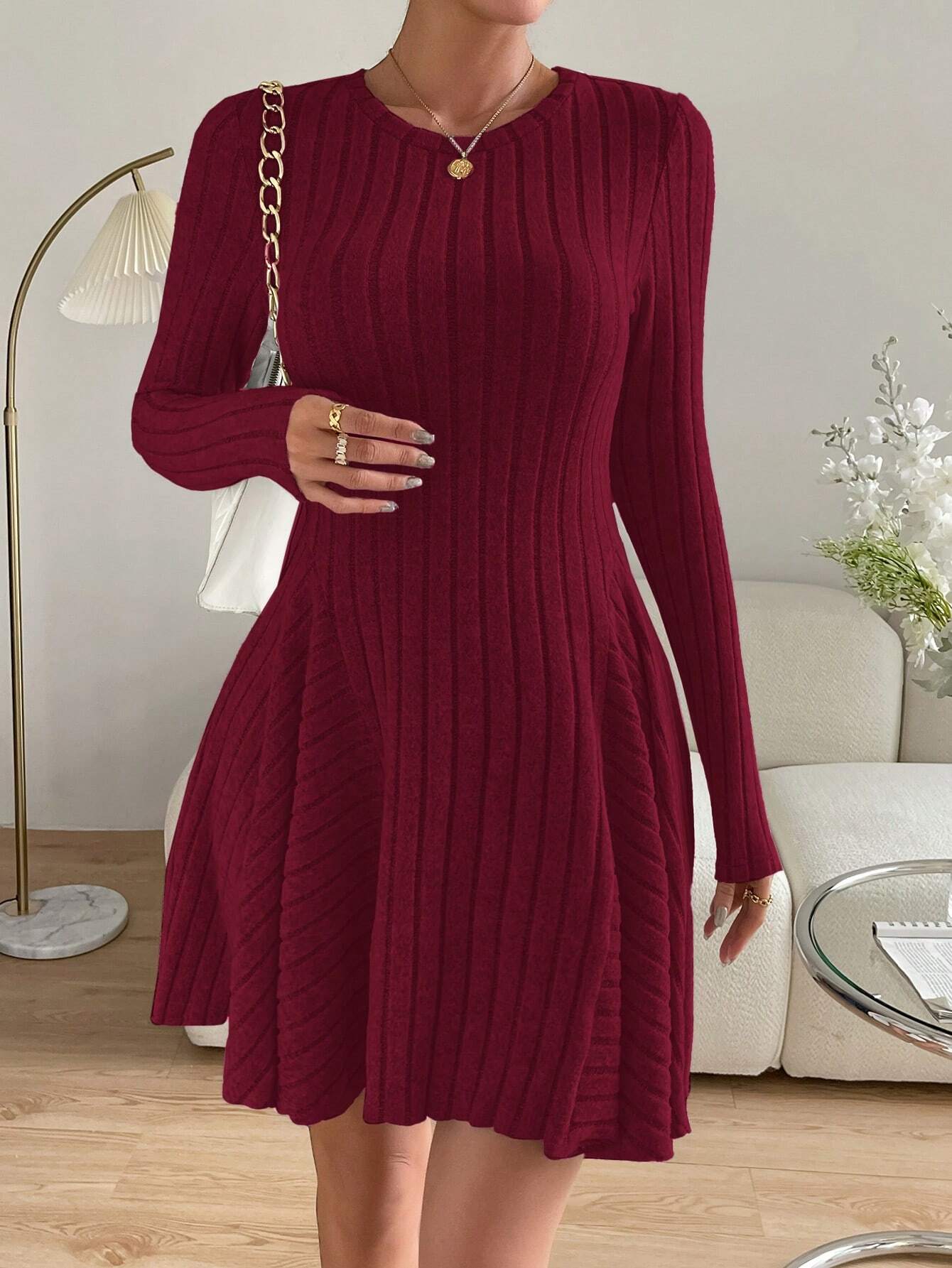 Essnce Valentine's Day Women's Solid Round Neck Ribbed Long Sleeve