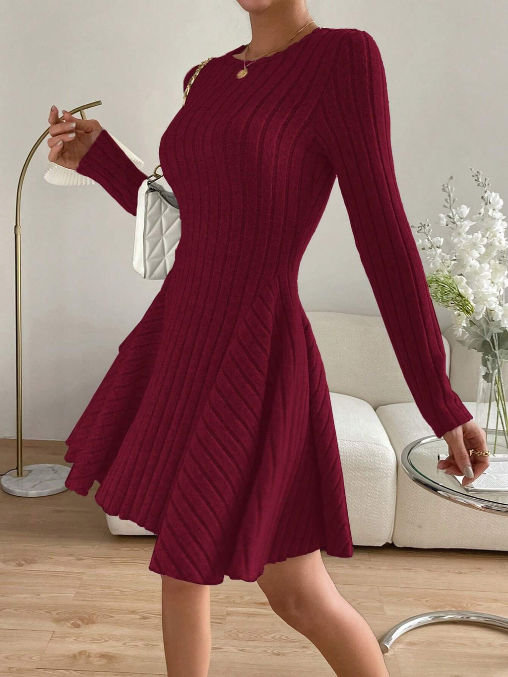 Essnce Valentine's Day Women's Solid Round Neck Ribbed Long Sleeve
