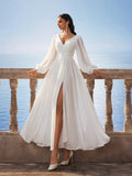 HEARBOBO Vintage Greek Style Chiffon V-Neck Off-Shoulder Long Sleeve Slit Maxi Dress, Elegant Romantic Bridal