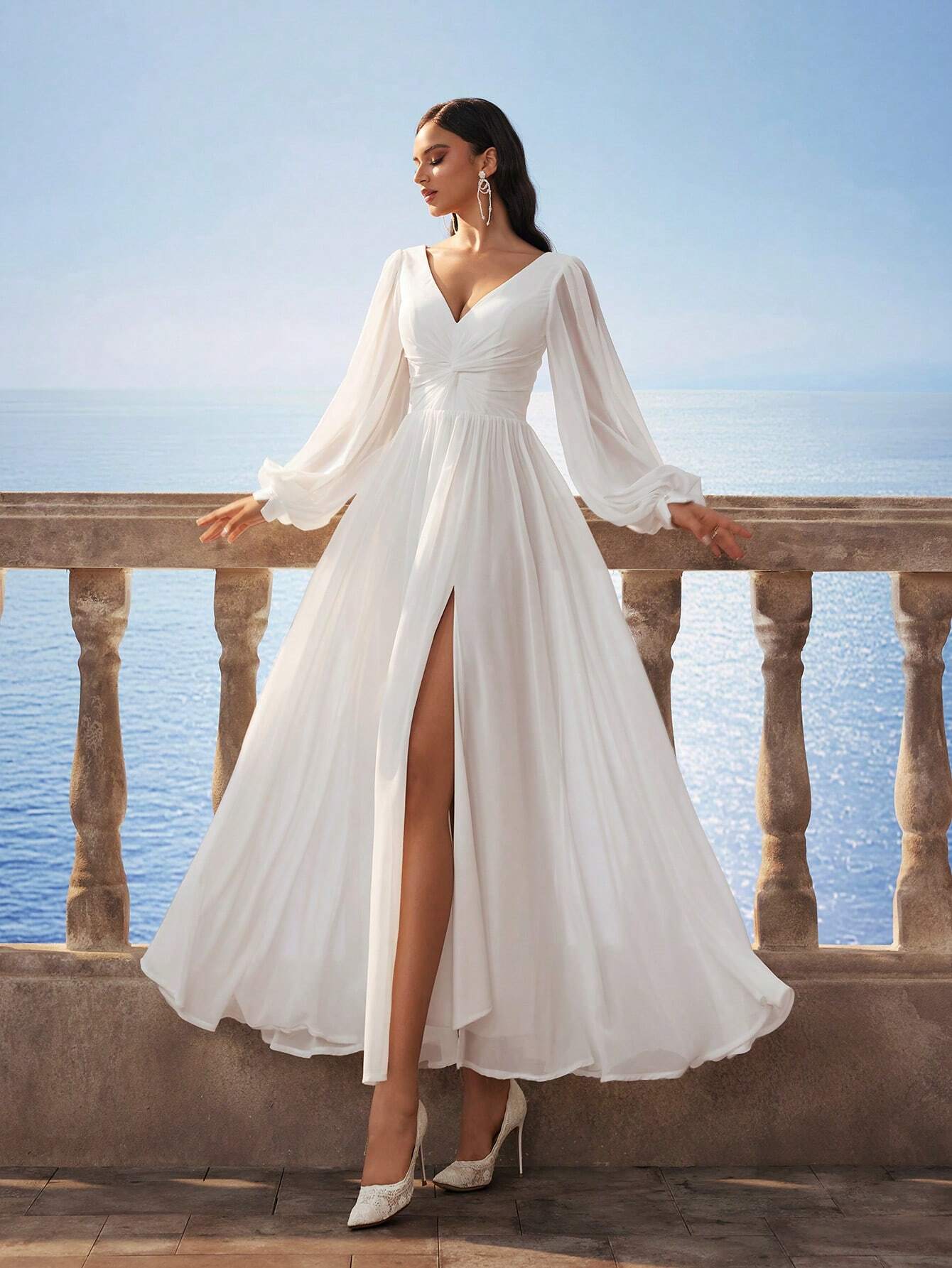 HEARBOBO Vintage Greek Style Chiffon V-Neck Off-Shoulder Long Sleeve Slit Maxi Dress, Elegant Romantic Bridal