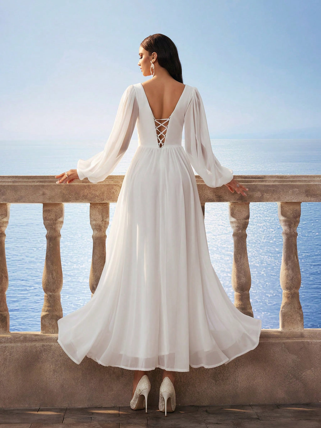 HEARBOBO Vintage Greek Style Chiffon V-Neck Off-Shoulder Long Sleeve Slit Maxi Dress, Elegant Romantic Bridal - image 3