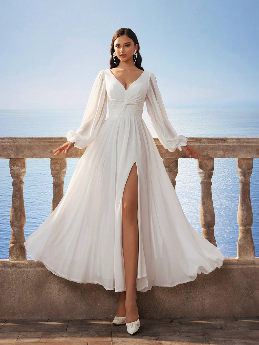 HEARBOBO Vintage Greek Style Chiffon V-Neck Off-Shoulder Long Sleeve Slit Maxi Dress, Elegant Romantic Bridal - image 4