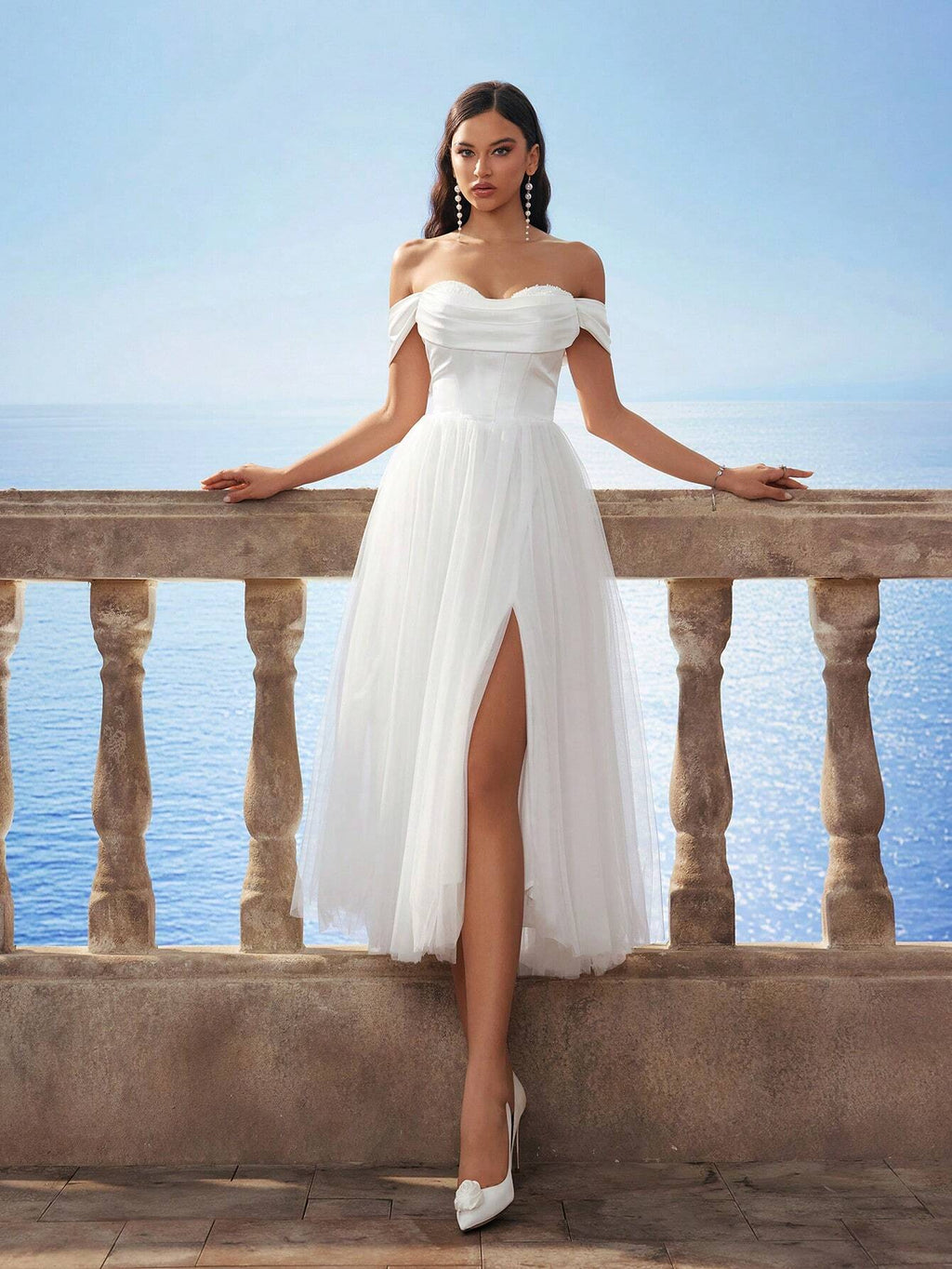 HEARBOBO Women's Off Shoulder Cinched Waist Mesh Romantic Puff Dress, Elegant Bridal Gown For Wedding, Party - image 4