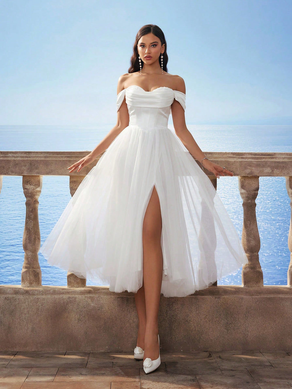 Elasola HEARBOBO Women's Off Shoulder Cinched Waist Mesh Romantic Puff Dress, Elegant Bridal Gown For - image 6