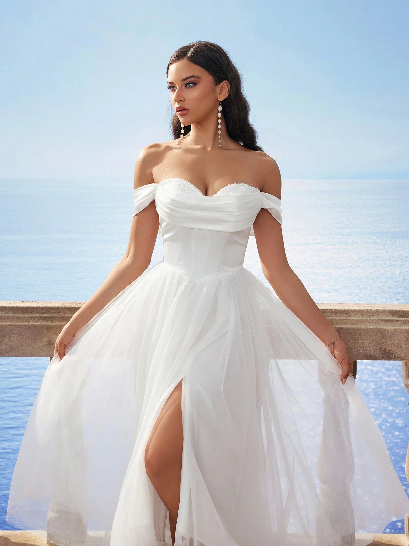 HEARBOBO Women's Off Shoulder Cinched Waist Mesh Romantic Puff Dress, Elegant Bridal Gown For Wedding, Party - image 2