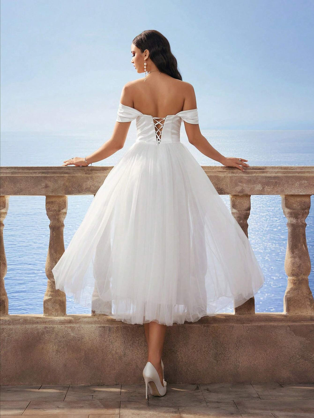 HEARBOBO Women's Off Shoulder Cinched Waist Mesh Romantic Puff Dress, Elegant Bridal Gown For Wedding, Party - image 3