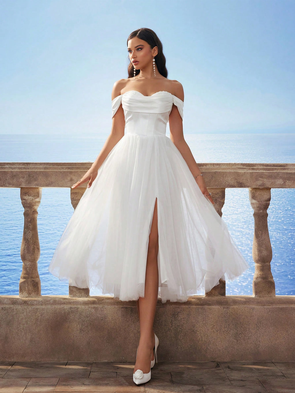 HEARBOBO Women's Off Shoulder Cinched Waist Mesh Romantic Puff Dress, Elegant Bridal Gown For Wedding, Party - image 7
