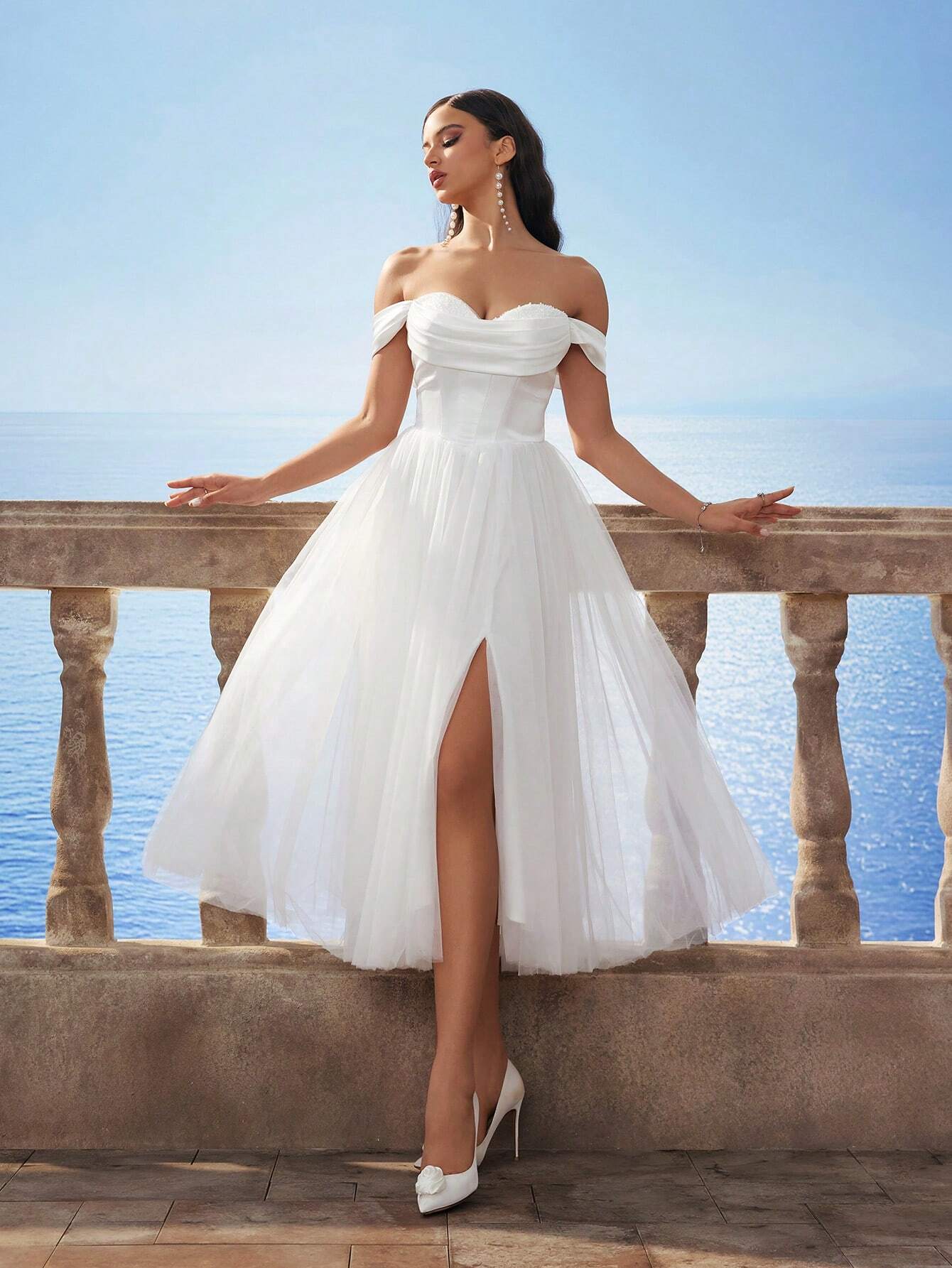 HEARBOBO Women's Off Shoulder Cinched Waist Mesh Romantic Puff Dress, Elegant Bridal Gown For Wedding, Party