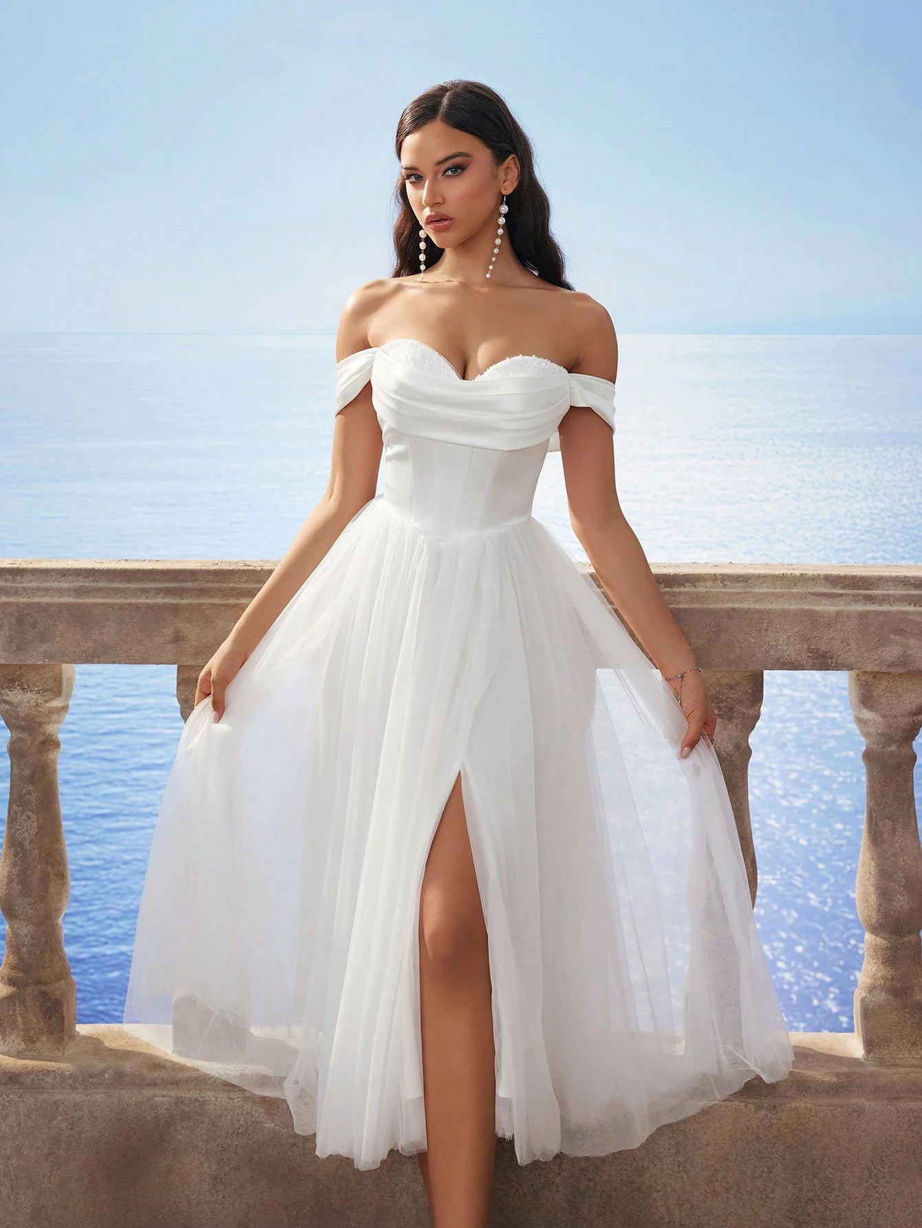 Elasola HEARBOBO Women's Off Shoulder Cinched Waist Mesh Romantic Puff Dress, Elegant Bridal Gown For - image 5