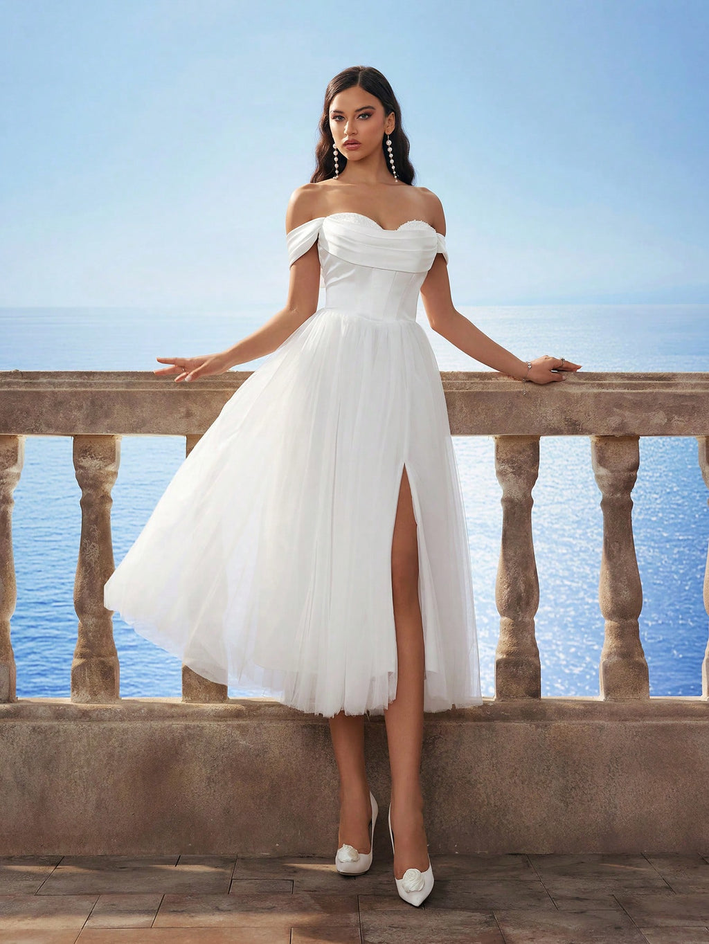 Elasola HEARBOBO Women's Off Shoulder Cinched Waist Mesh Romantic Puff Dress, Elegant Bridal Gown For - image 8