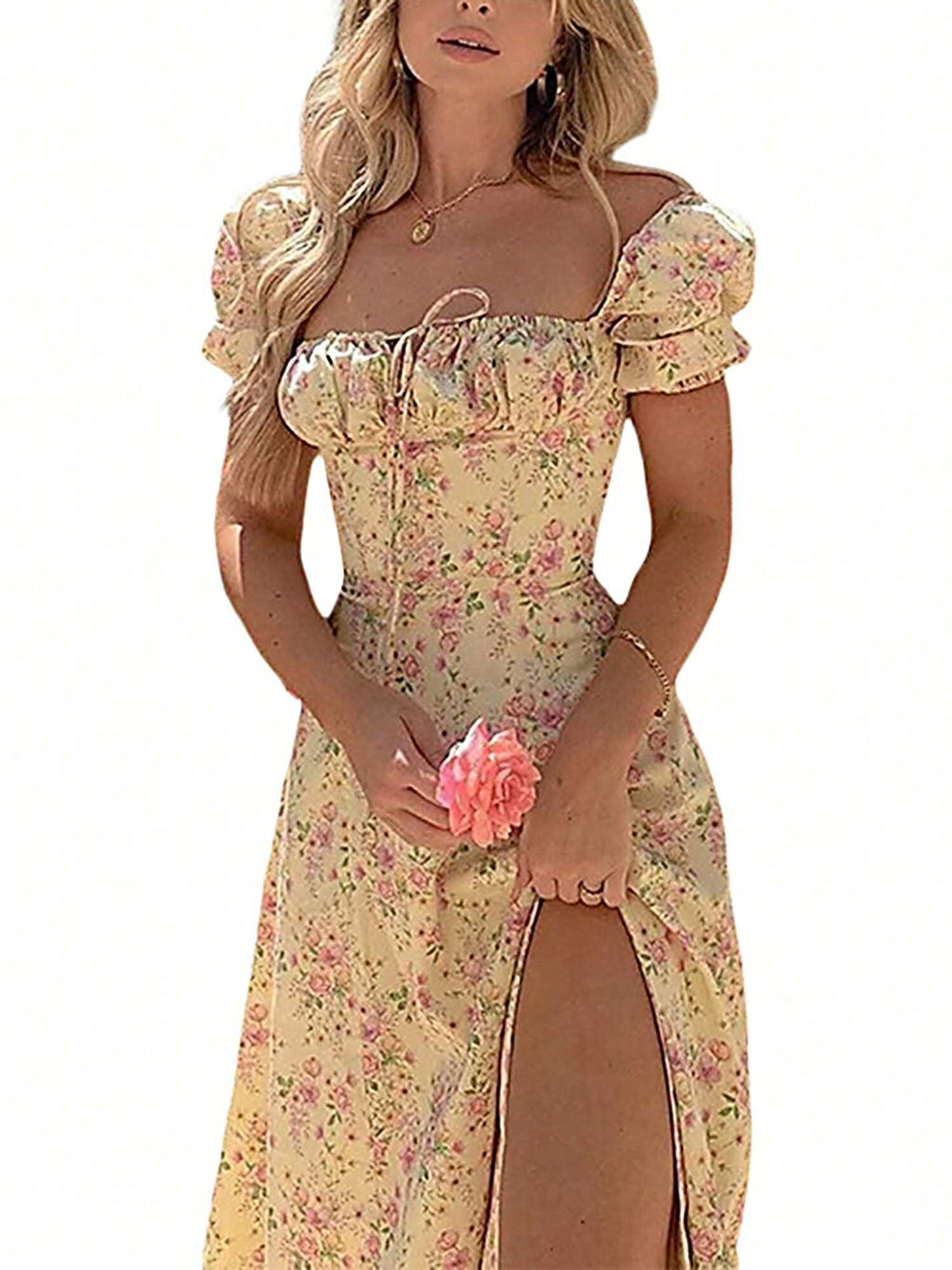 Womens Dress, Puff Short Sleeves Lace Up Chest Floral Printed High Splitting Long Skirt For Female - image 2