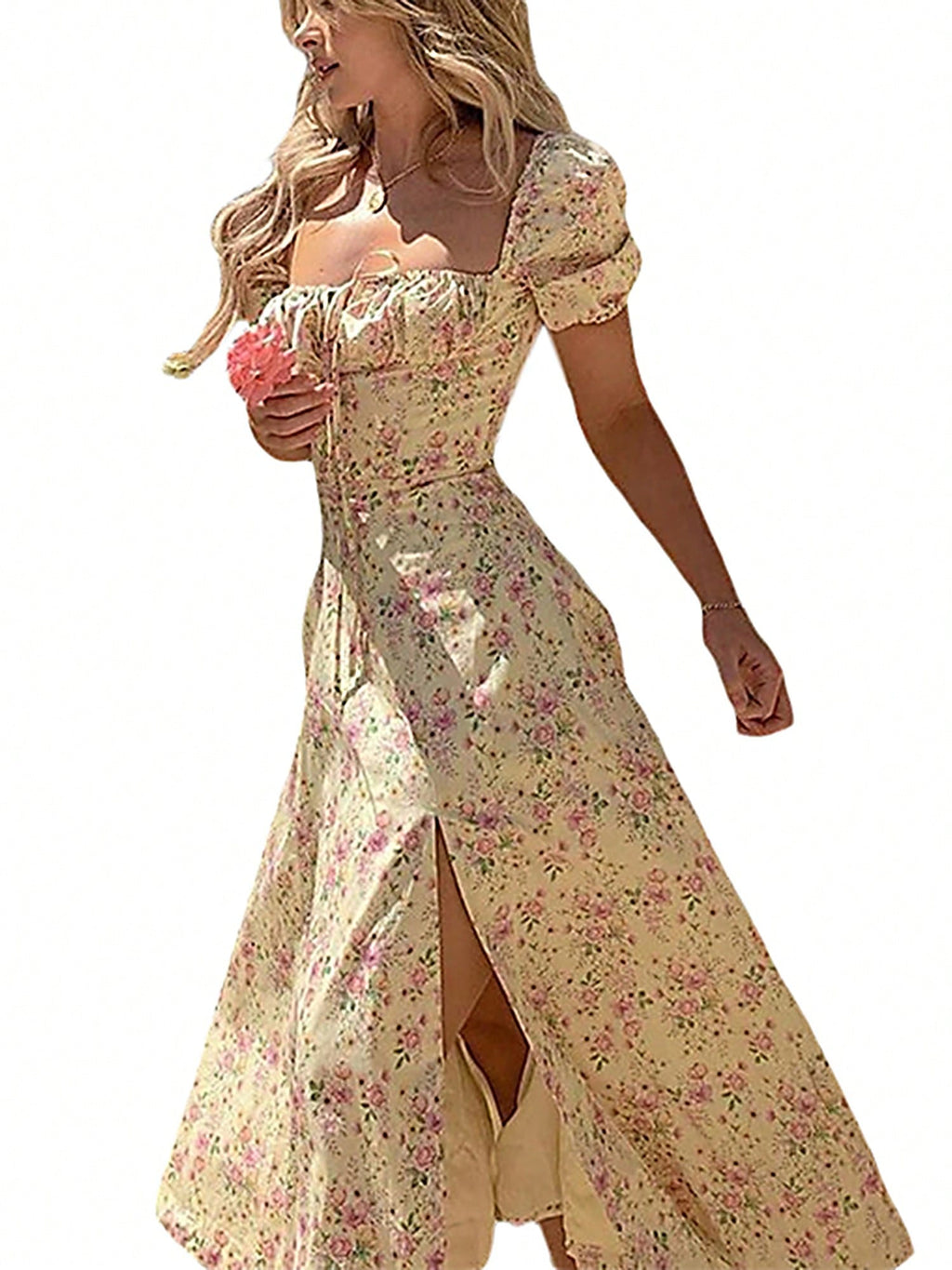 Womens Dress, Puff Short Sleeves Lace Up Chest Floral Printed High Splitting Long Skirt For Female - image 3