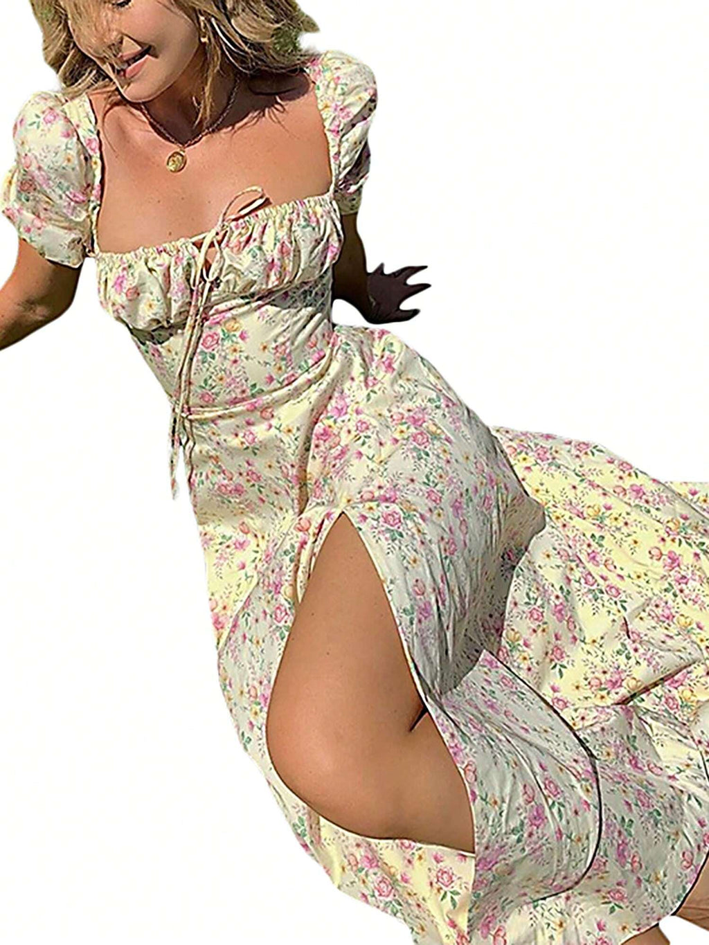 Womens Dress, Puff Short Sleeves Lace Up Chest Floral Printed High Splitting Long Skirt For Female - image 5