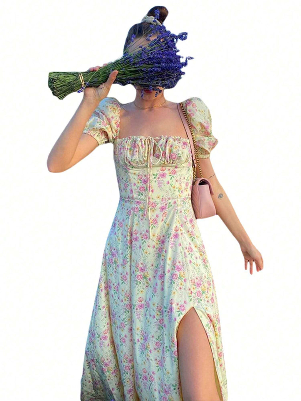 Womens Dress, Puff Short Sleeves Lace Up Chest Floral Printed High Splitting Long Skirt For Female - image 7