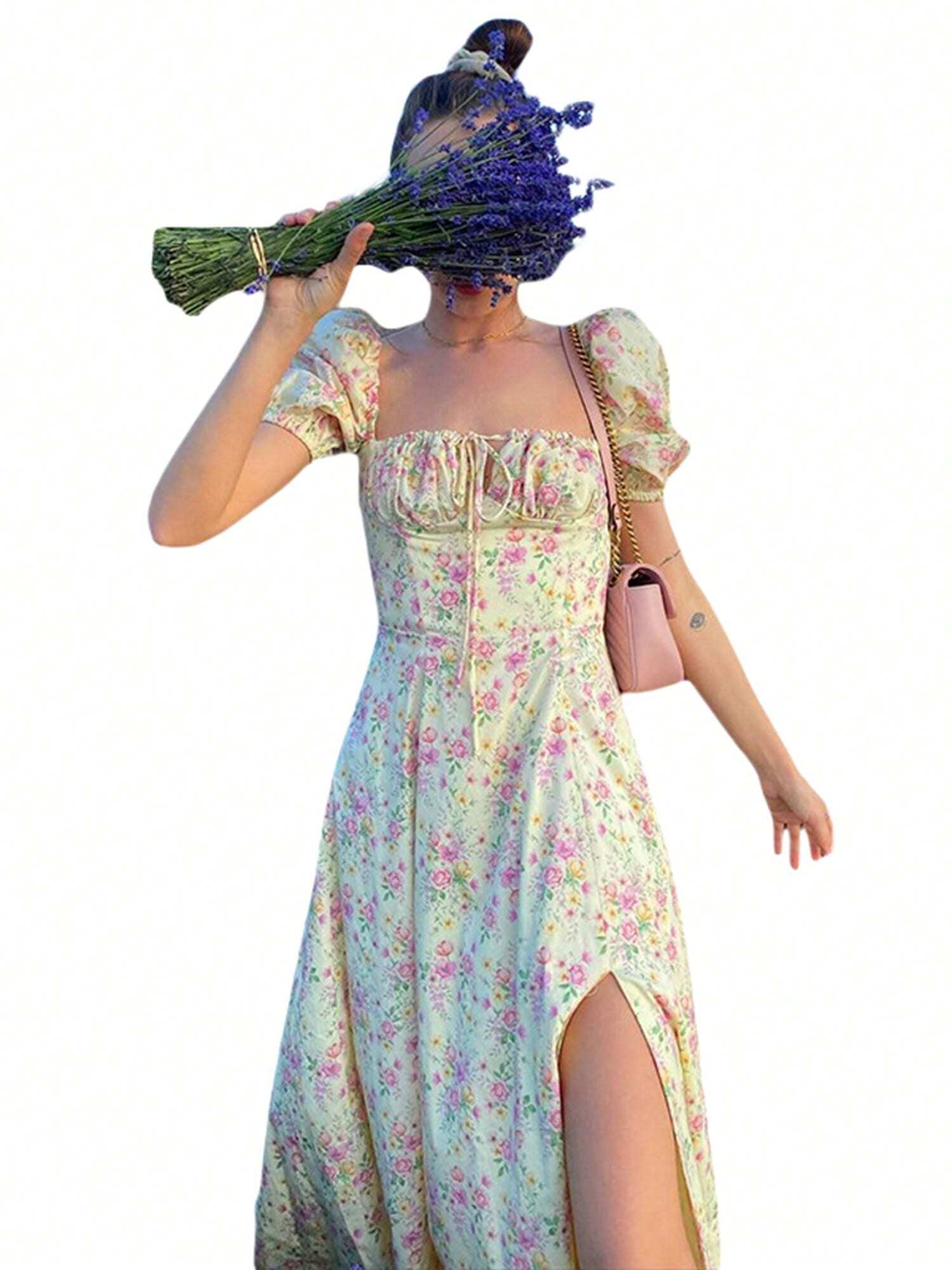 Womens Dress, Puff Short Sleeves Lace Up Chest Floral Printed High Splitting Long Skirt For Female - image 7