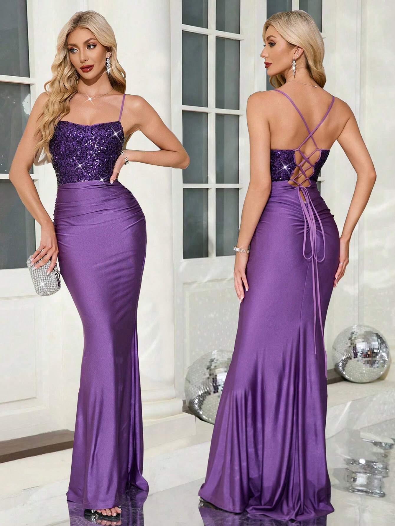 Belle Elegant,Grey,Summer,Dining Royal Blue Sequined Backless Satin