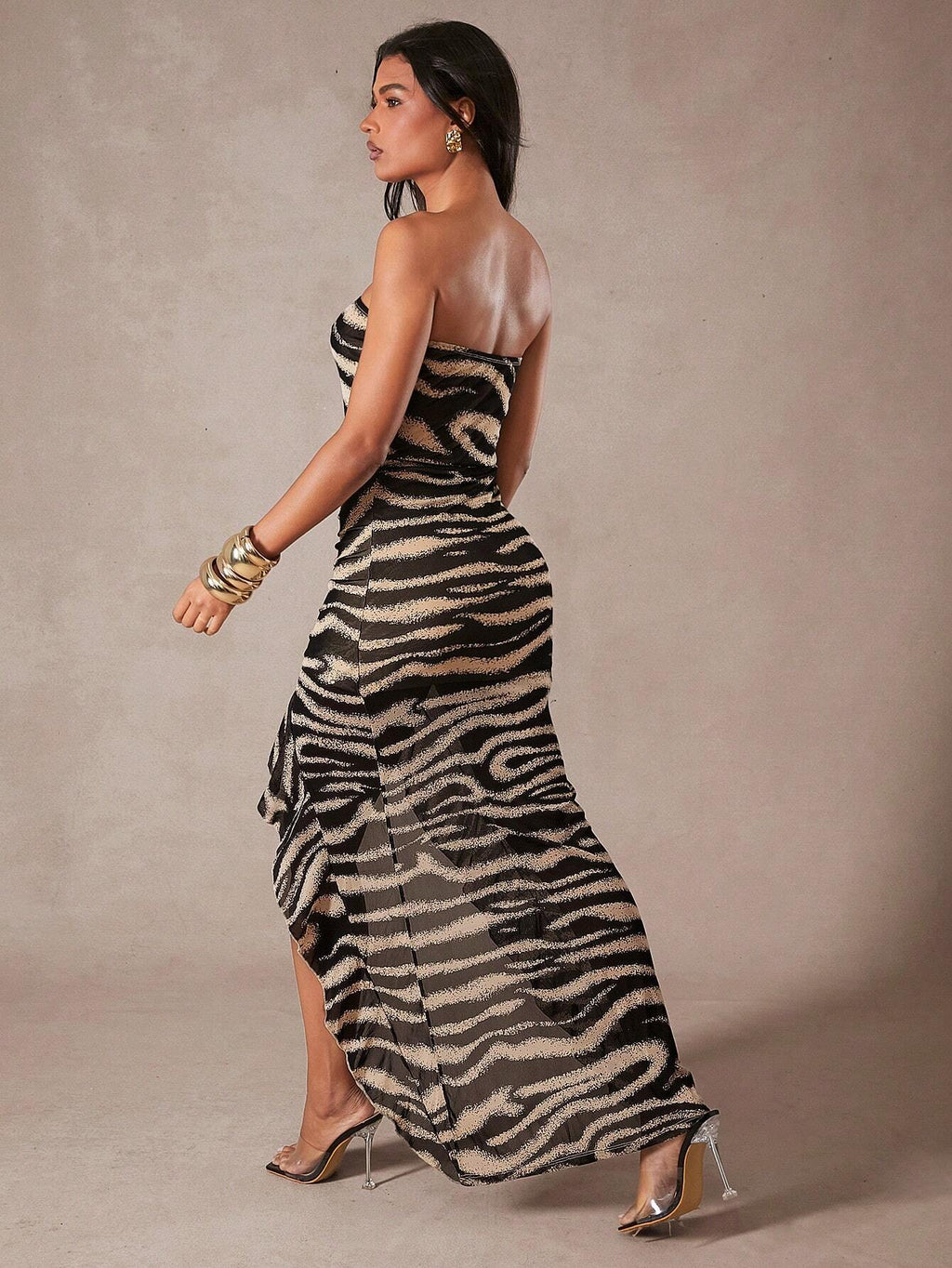 Hauture Zebra Print Strapless Tube Top Ruch Ruffled Frill High Low