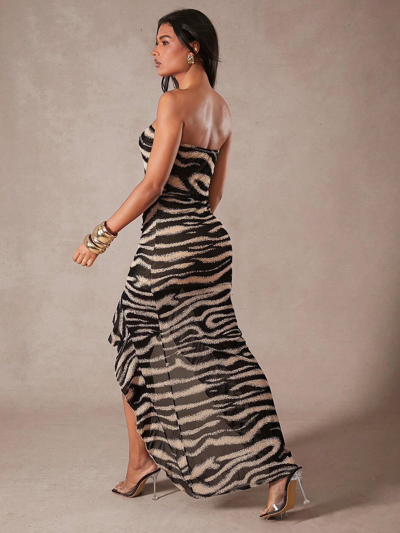 Hauture Zebra Print Strapless Tube Top Ruch Ruffled Frill High Low