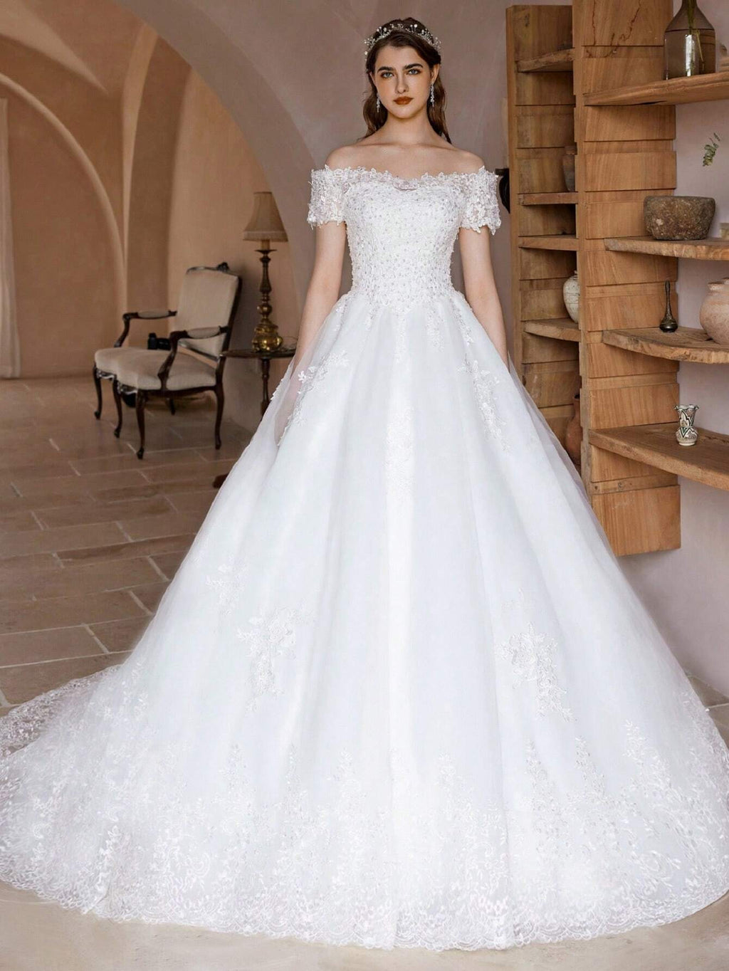 Poemssongs Elegant Handmade Beaded Off-Shoulder Sexy Short Sleeve Wedding Dress, Bridal Gown Spring