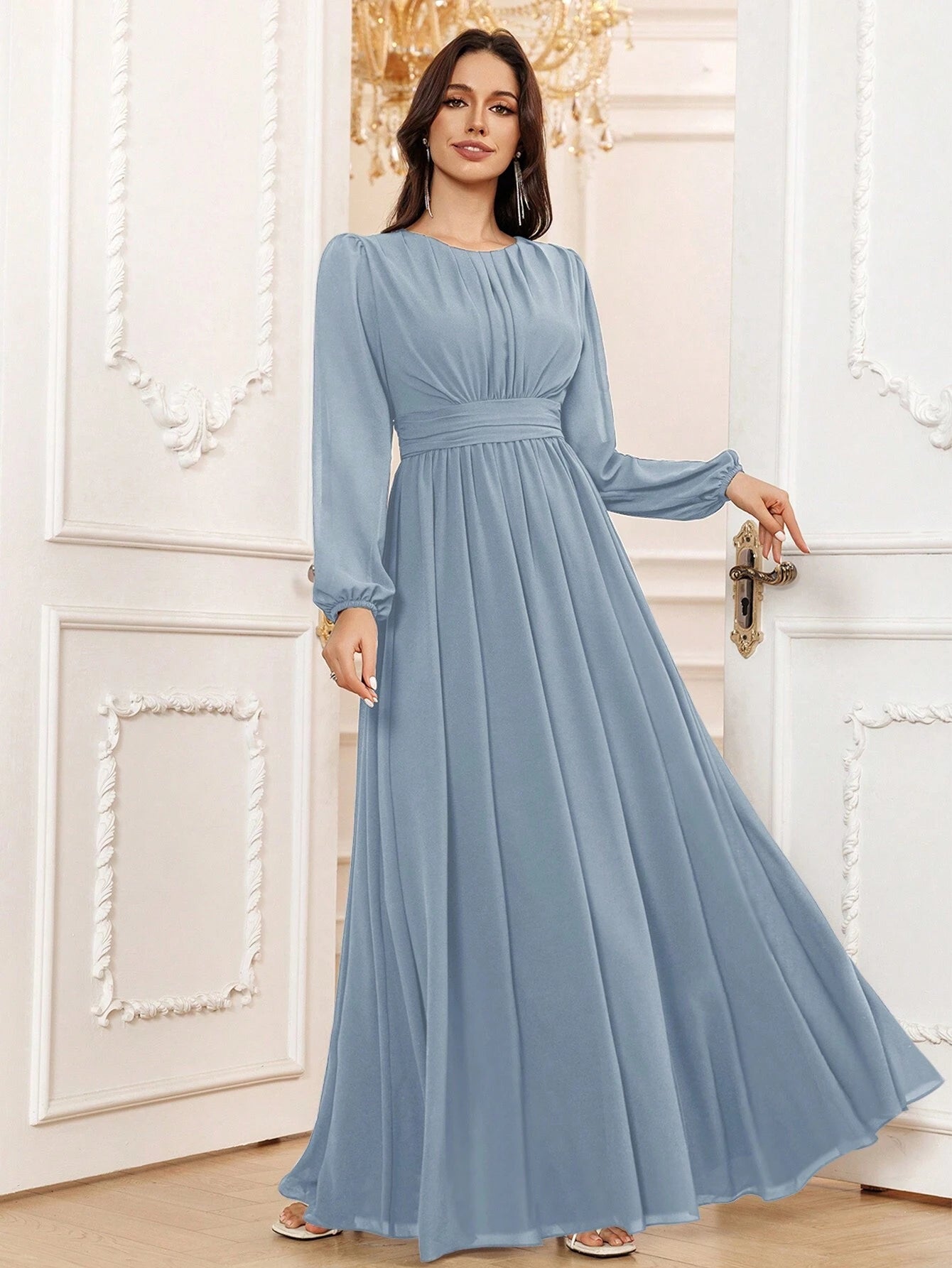 Volly Toych Lavender Elegant A-Line Round Neck Long Sleeve Floor-Length Chiffon Formal Bridesmaid Dress, - image 6