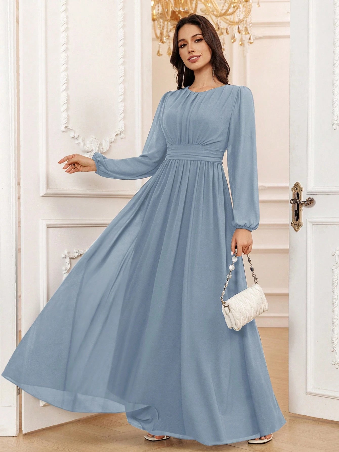 Volly Toych Lavender Elegant A-Line Round Neck Long Sleeve Floor-Length Chiffon Formal Bridesmaid Dress,
