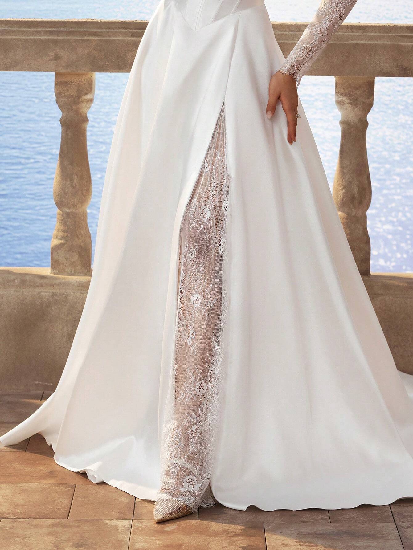 HEARBOBO Solid Color Retro Satin Open Shoulder Minimalist Chiffon Slit Dress, Contrast Lace Wedding Gown - image 2