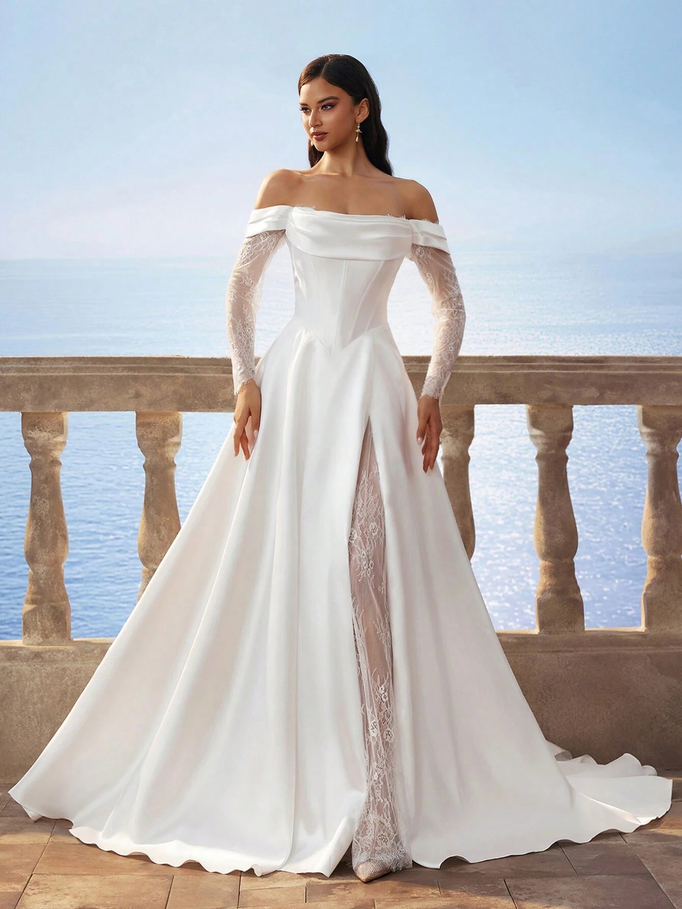HEARBOBO Solid Color Retro Satin Open Shoulder Minimalist Chiffon Slit Dress, Contrast Lace Wedding Gown - image 5