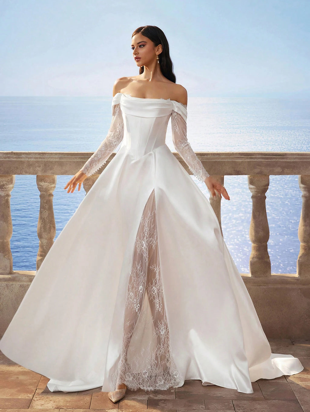 HEARBOBO Solid Color Retro Satin Open Shoulder Minimalist Chiffon Slit Dress, Contrast Lace Wedding Gown