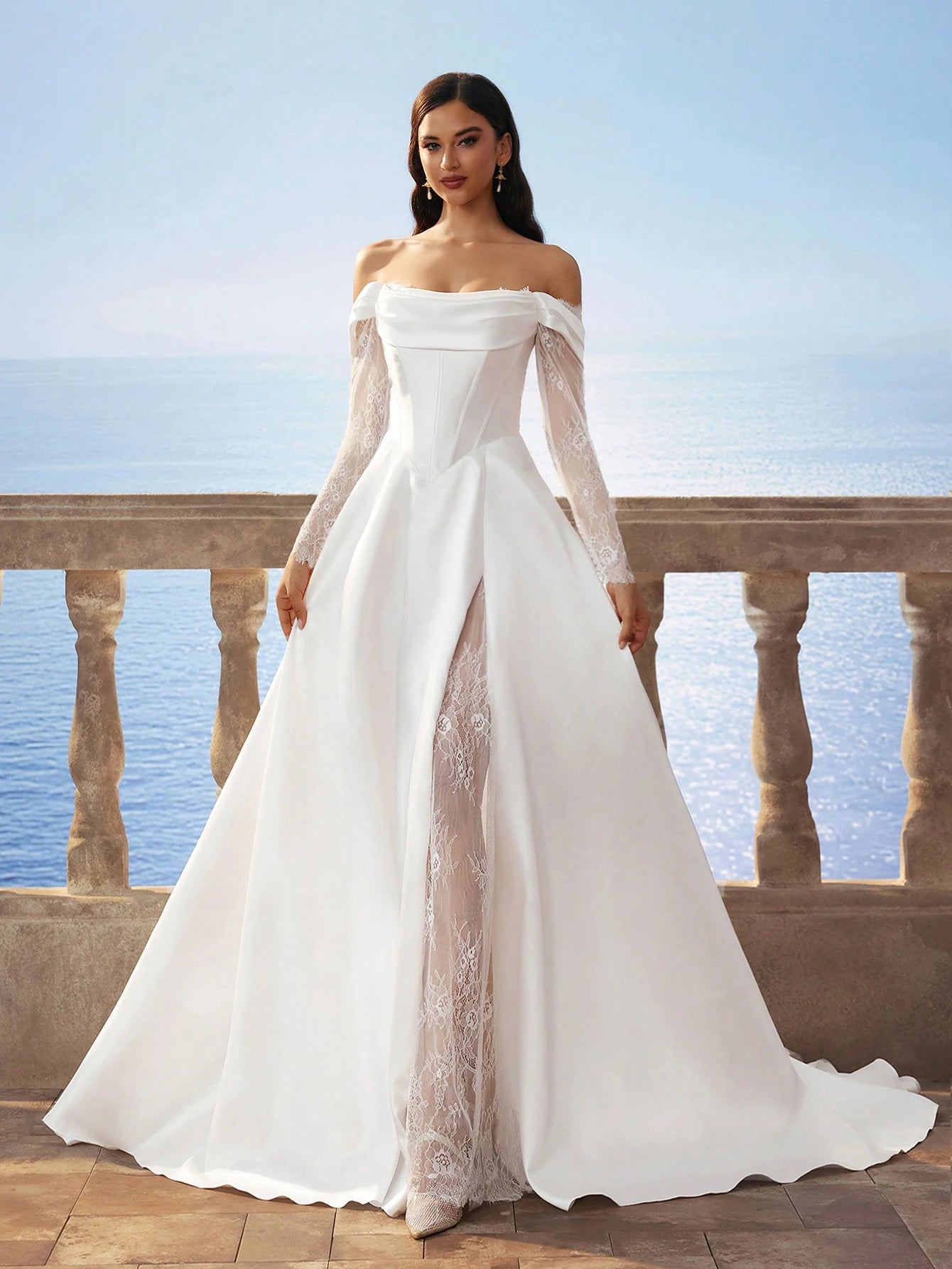 HEARBOBO Solid Color Retro Satin Open Shoulder Minimalist Chiffon Slit Dress, Contrast Lace Wedding Gown - image 6