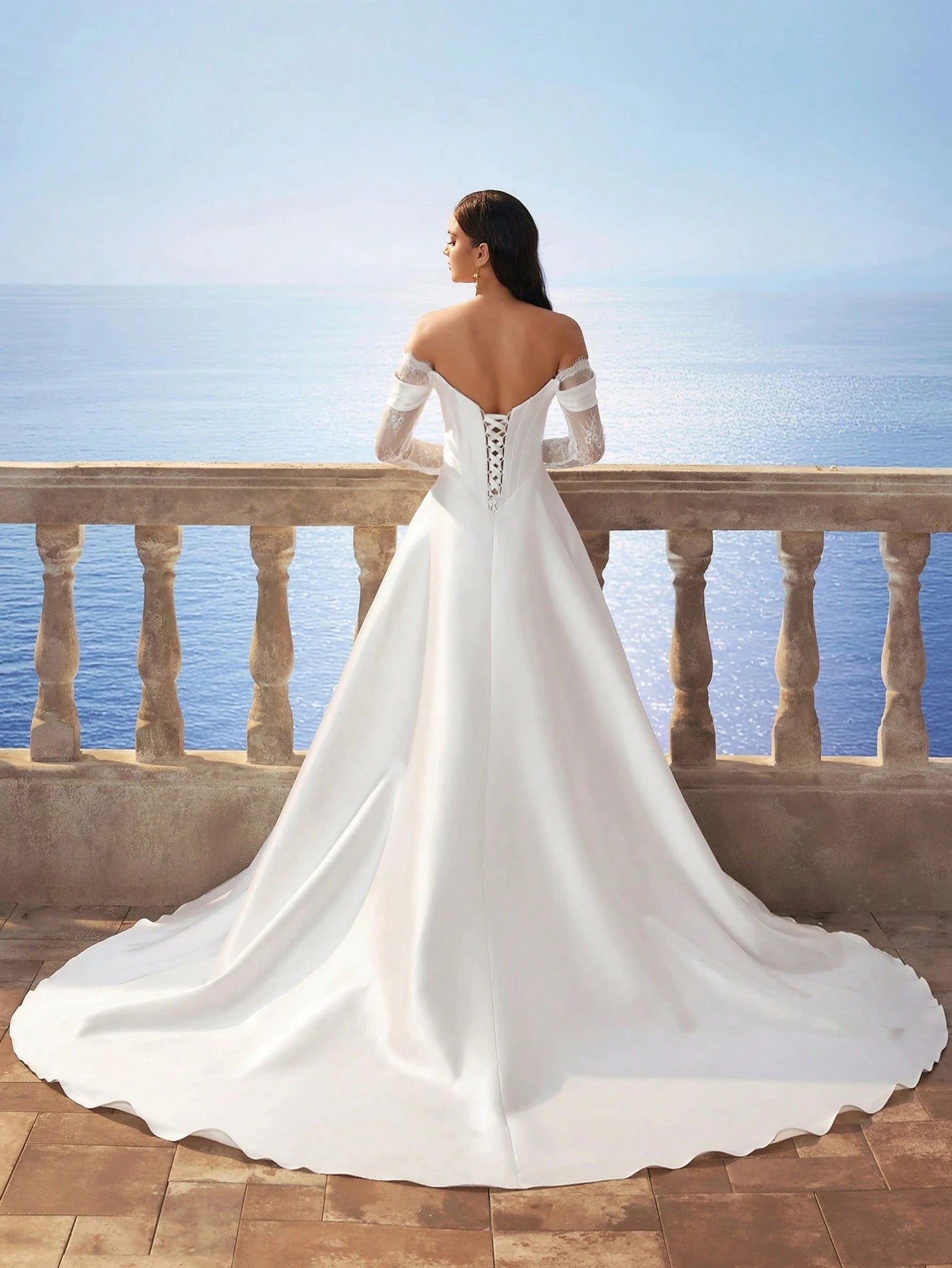 HEARBOBO Solid Color Retro Satin Open Shoulder Minimalist Chiffon Slit Dress, Contrast Lace Wedding Gown - image 3