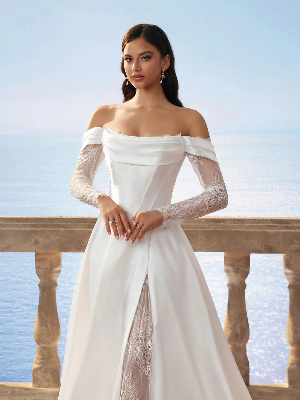 HEARBOBO Solid Color Retro Satin Open Shoulder Minimalist Chiffon Slit Dress, Contrast Lace Wedding Gown - image 4