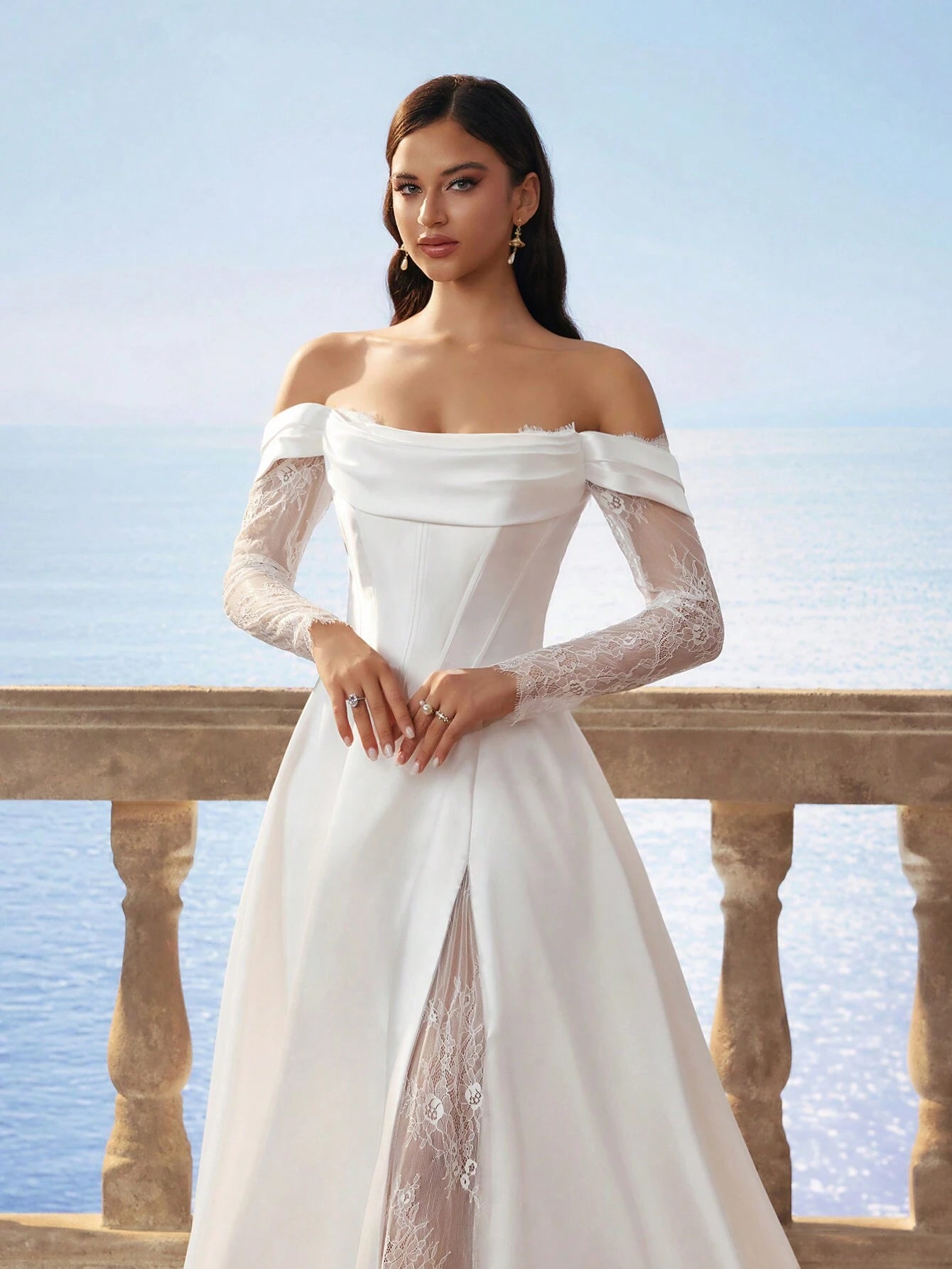 Elasola Plain Color Vintage Satin Open Shoulder Long Sleeve Minimalist Mesh Contrast Split-Hem Maxi Wedding - image 4