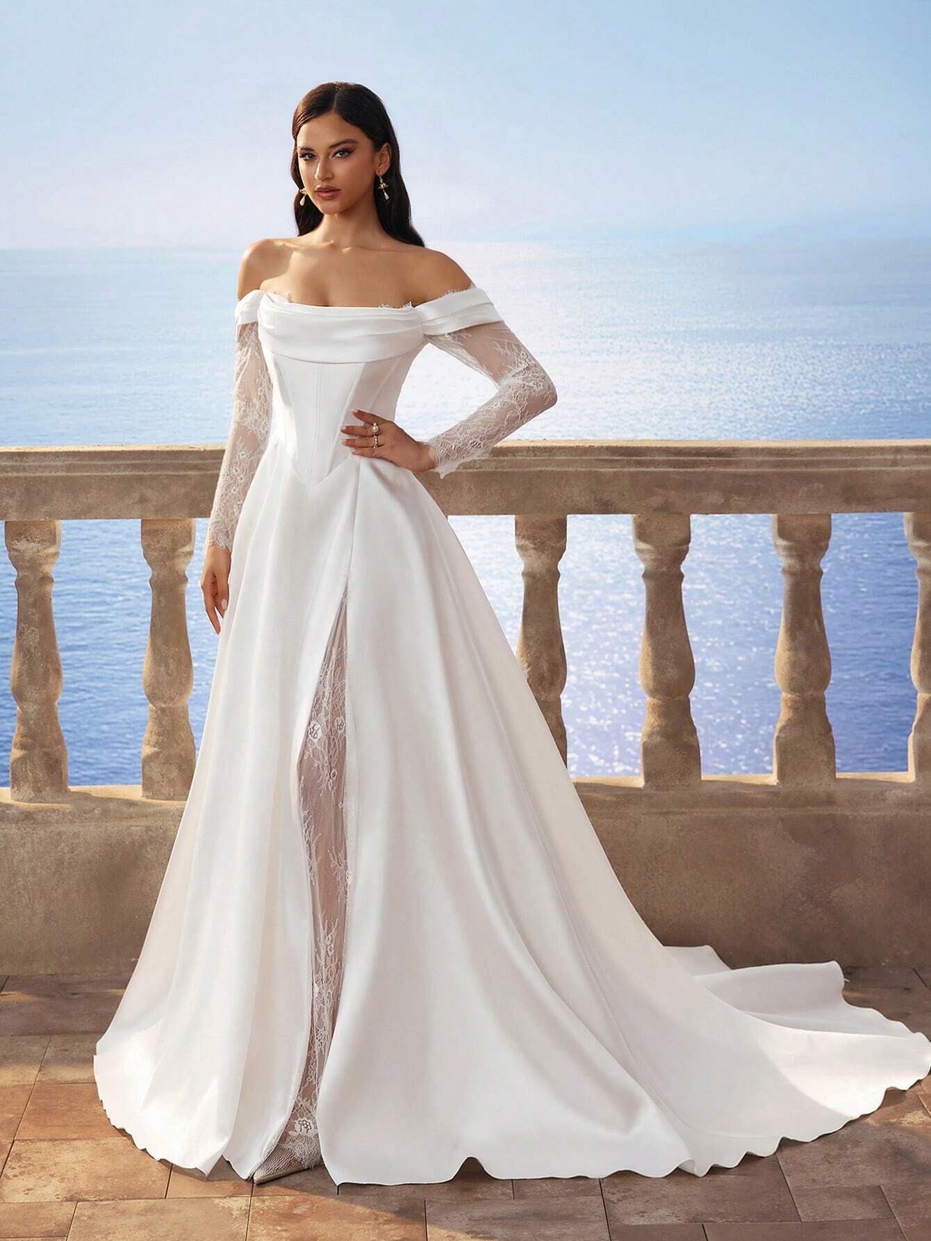 HEARBOBO Solid Color Retro Satin Open Shoulder Minimalist Chiffon Slit Dress, Contrast Lace Wedding Gown - image 7