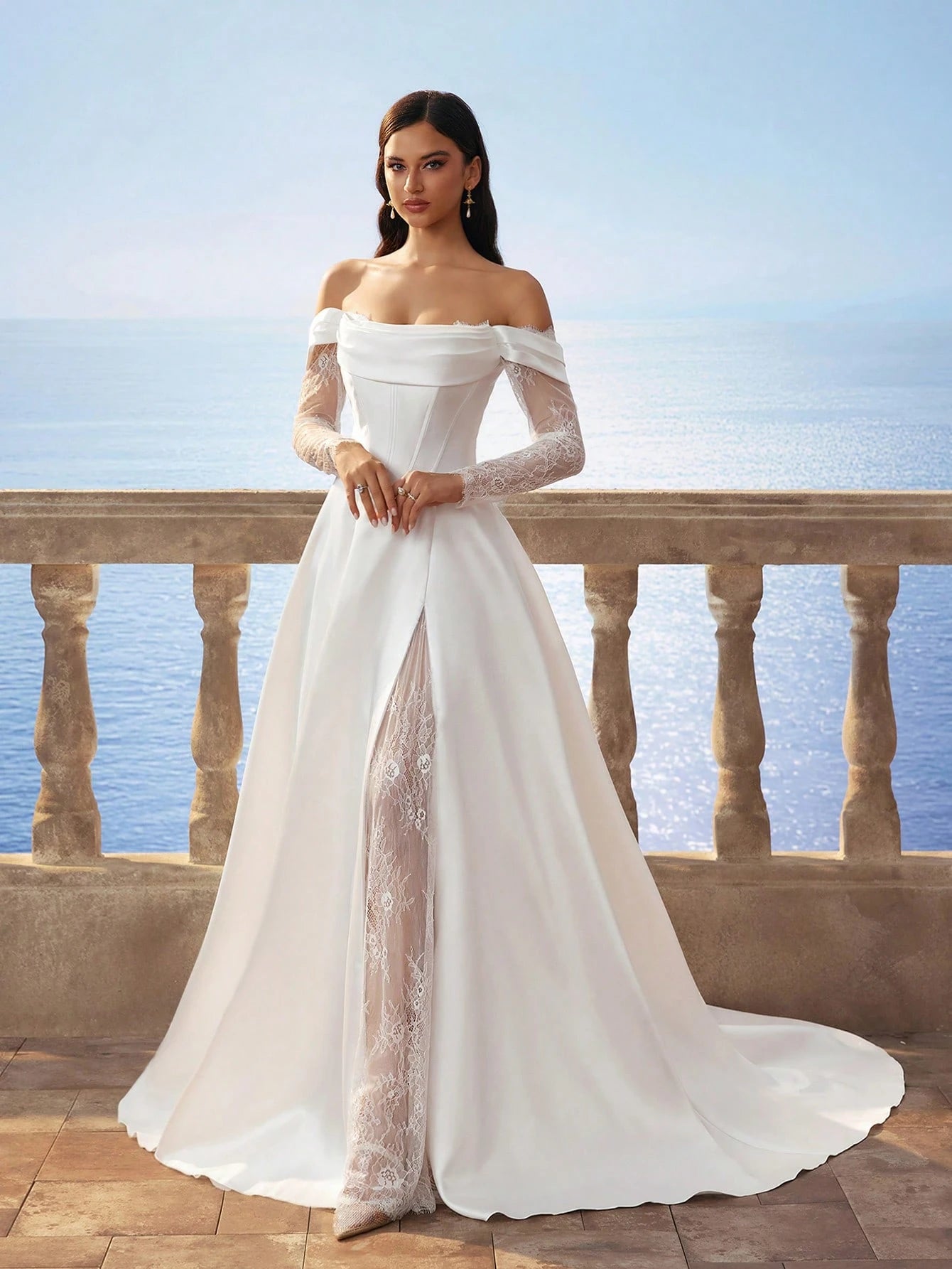HEARBOBO Solid Color Retro Satin Open Shoulder Minimalist Chiffon Slit Dress, Contrast Lace Wedding Gown - image 8