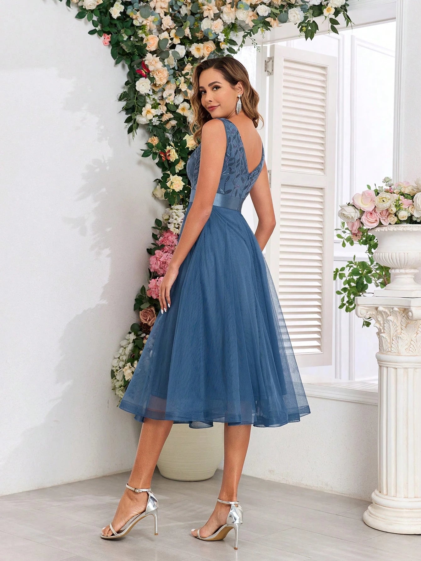 V-Neck Floral Sequin&Gauze A-Line Bridesmaid Dress,Elegant Dress Prom Evening ,For Wedding Guest, Graduation, - image 6