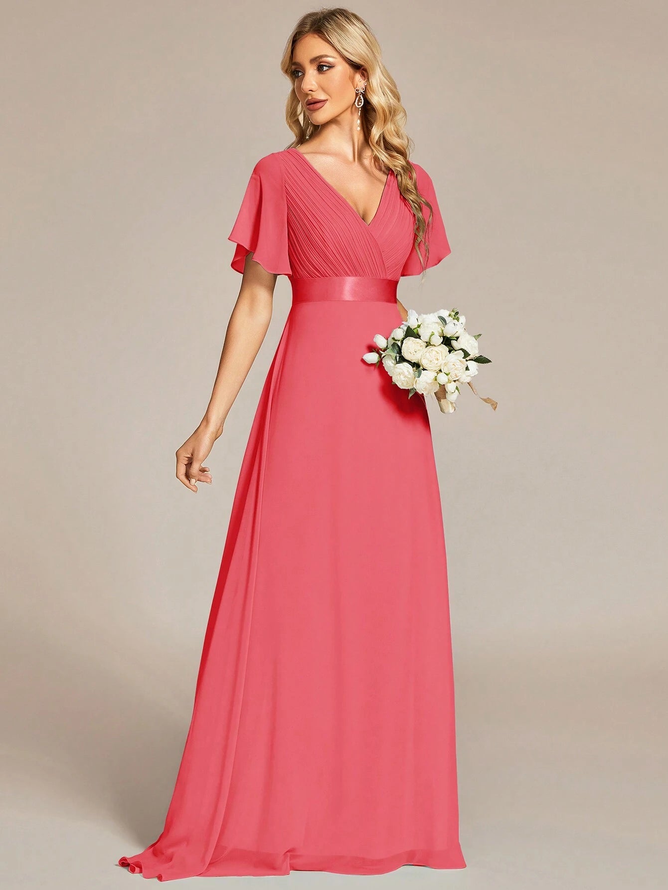 EVERPRETTY Elegant V-Neck Ruffle Butterfly Sleeve Pink Bridesmaid
