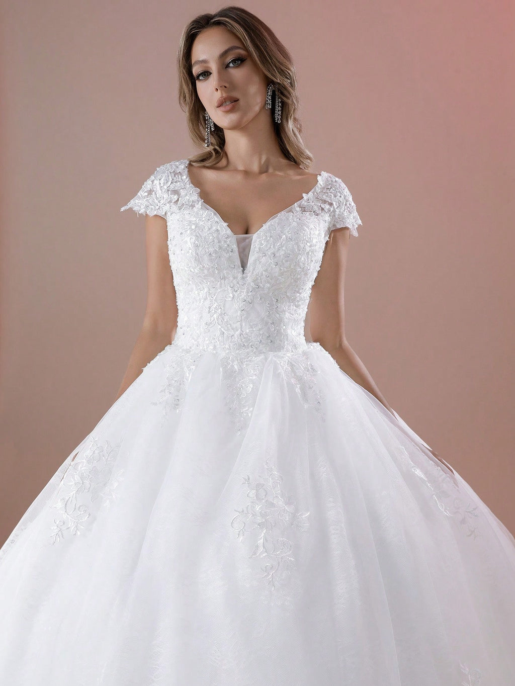 Elegant Cap Sleeves V-Neck Hand-Beaded Applique Ball Gown Wedding Dress For Wedding(Petticoat Not Included ) - image 4