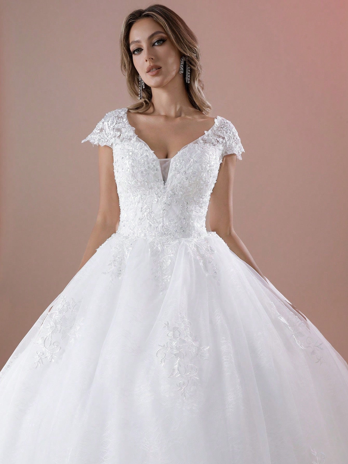 Elegant Cap Sleeves V-Neck Hand-Beaded Applique Ball Gown Wedding Dress For Wedding(Petticoat Not Included ) - image 4
