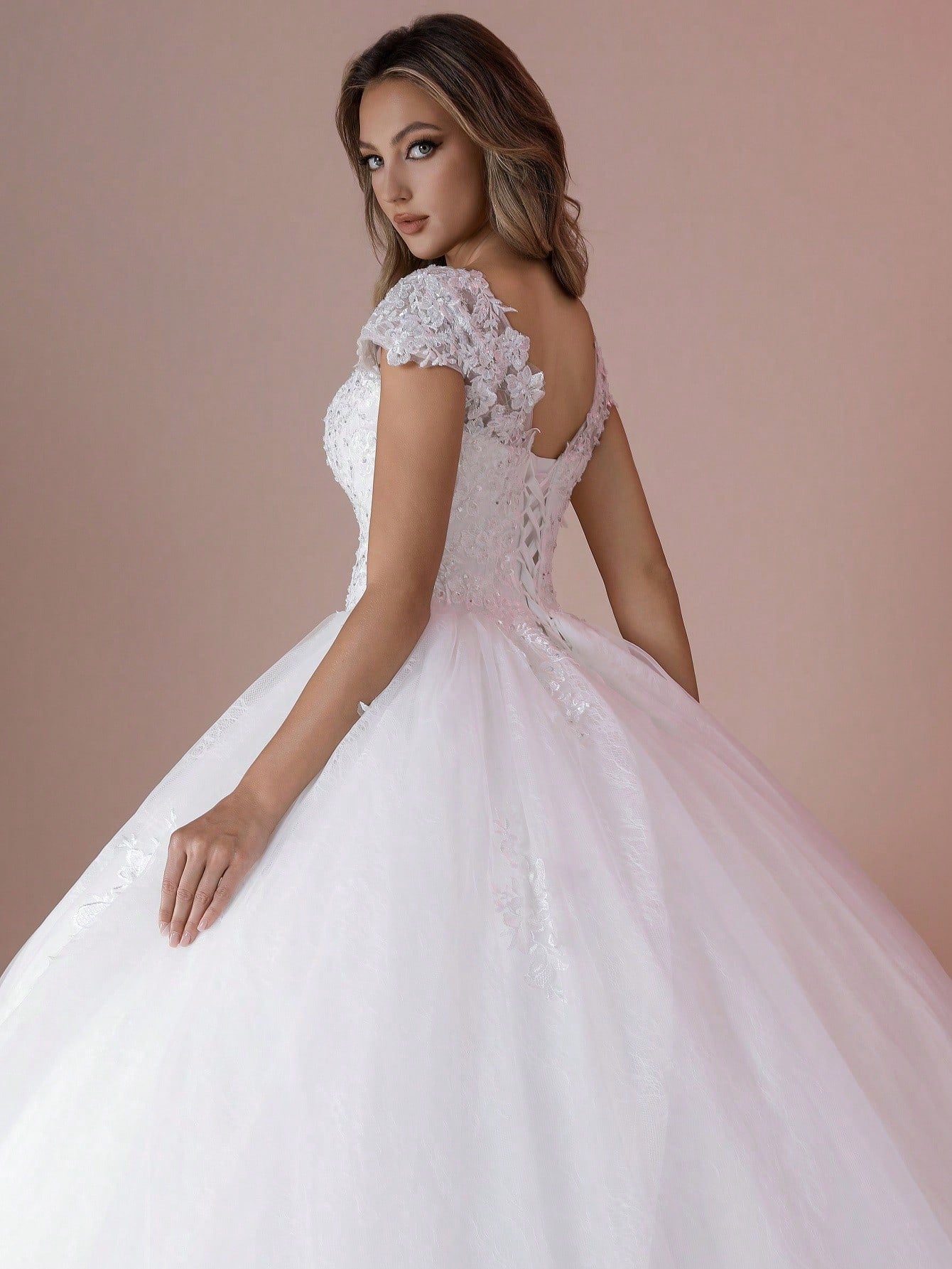 Elegant Cap Sleeves V-Neck Hand-Beaded Applique Ball Gown Wedding Dress For Wedding(Petticoat Not Included ) - image 5