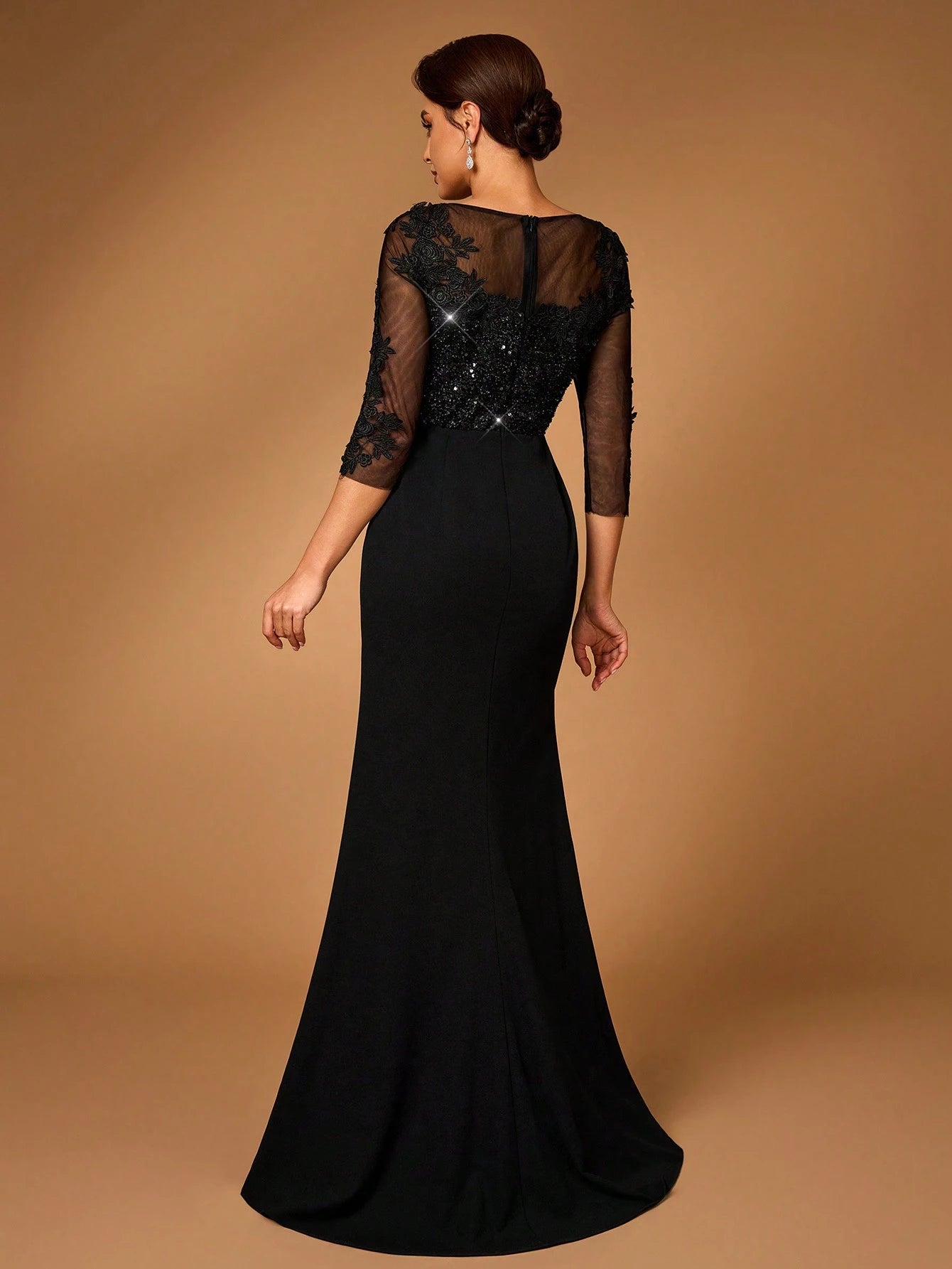 Serin Black Winter Elegant Formal Wedding Evening Dress,Luxury Long Sleeves Sequin Embroidered Lace Elastic - image 3