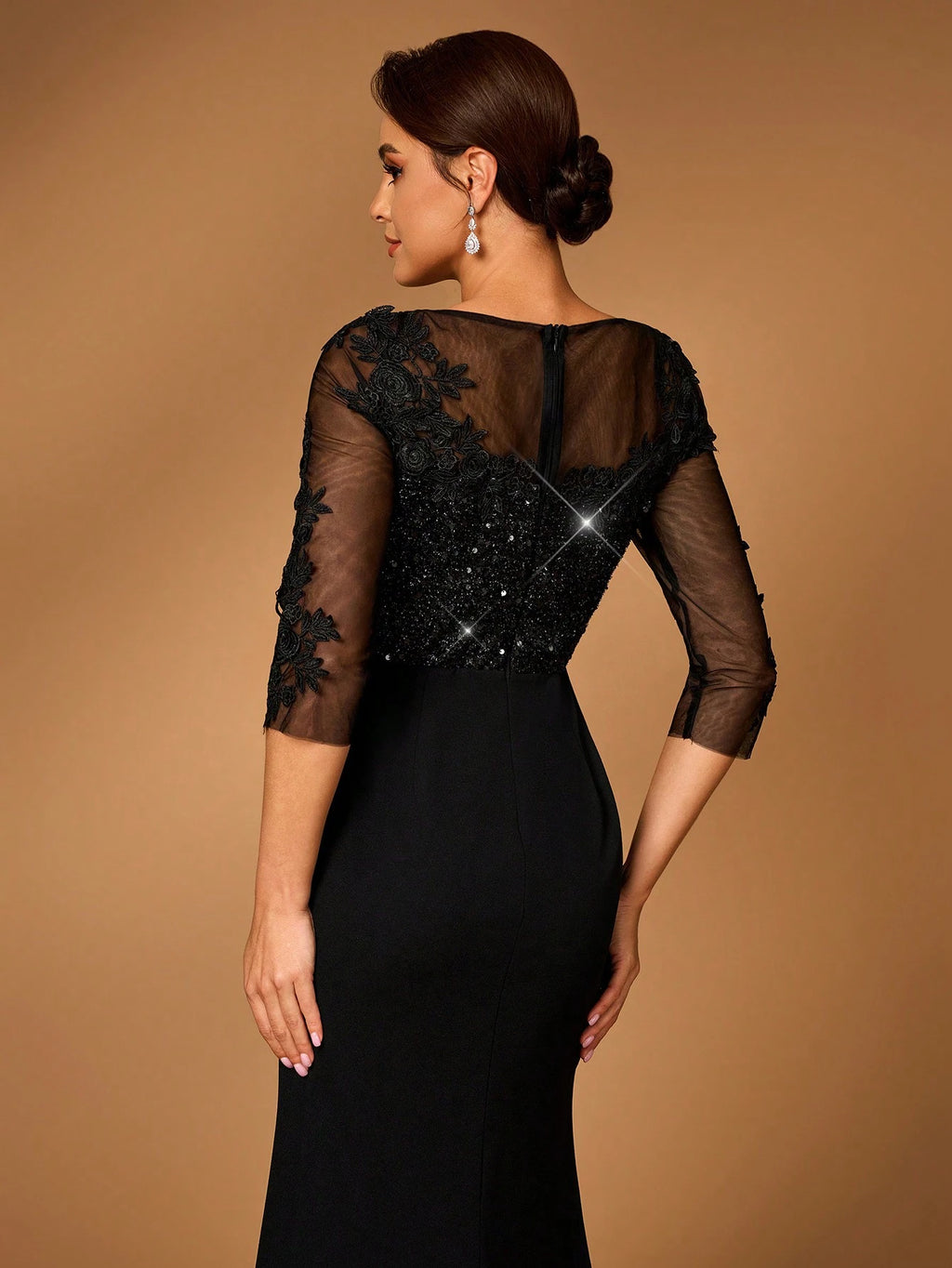 Serin Black Winter Elegant Formal Wedding Evening Dress,Luxury Long Sleeves Sequin Embroidered Lace Elastic - image 6