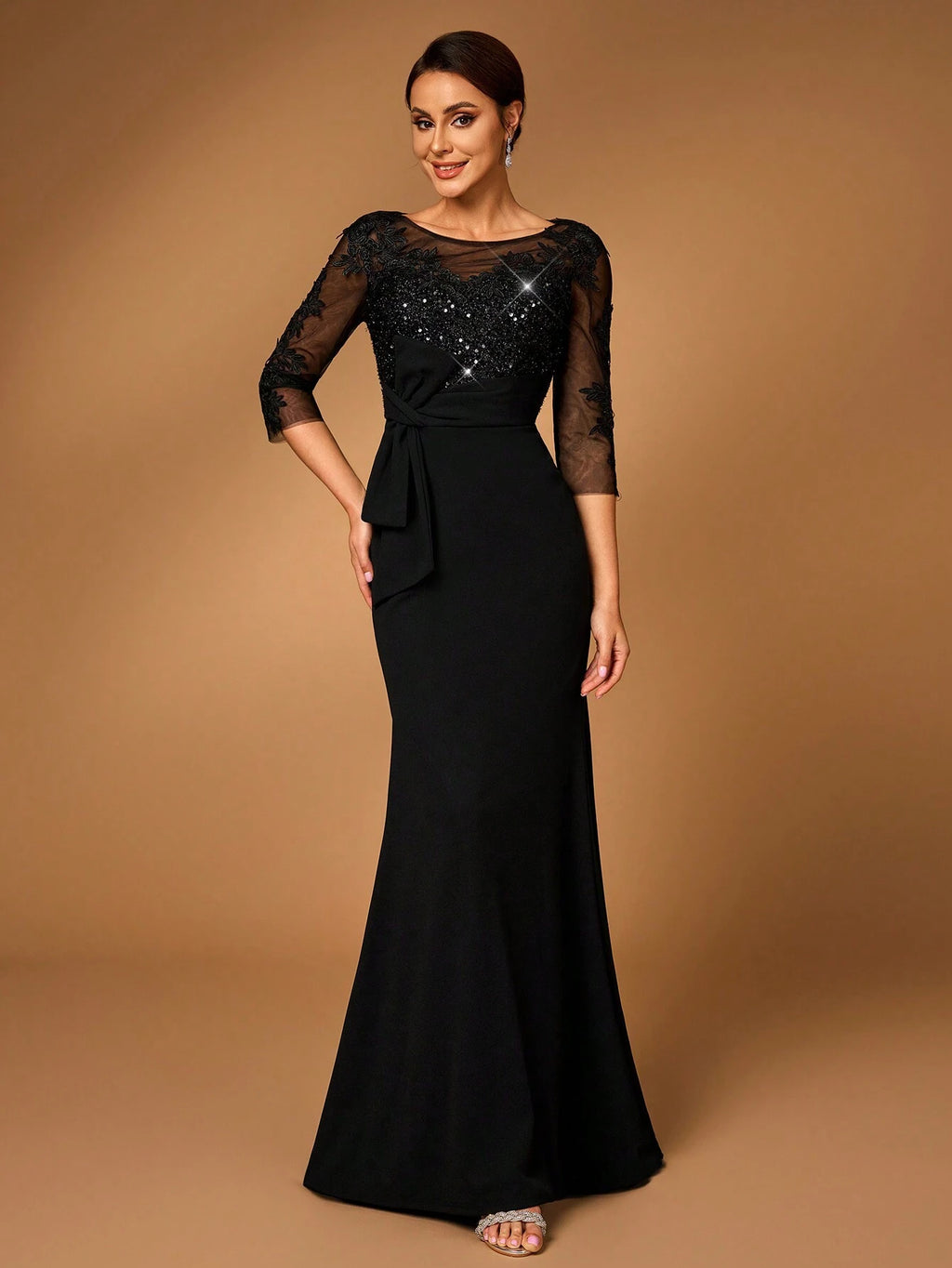 Serin Black Winter Elegant Formal Wedding Evening Dress,Luxury Long Sleeves Sequin Embroidered Lace Elastic - image 4