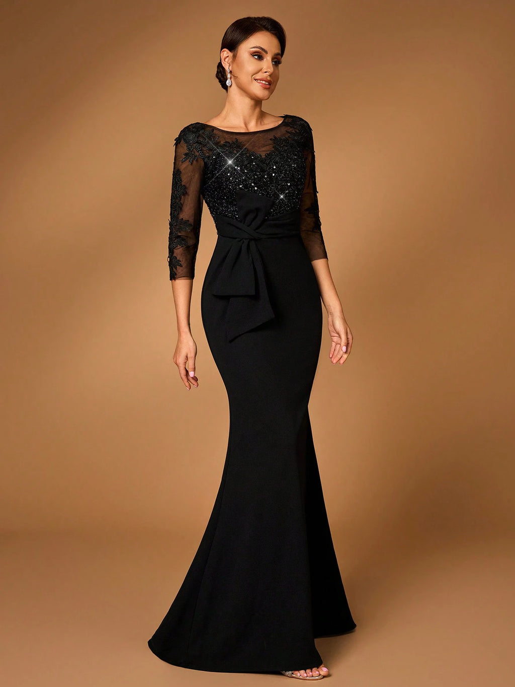 Serin Black Winter Elegant Formal Wedding Evening Dress,Luxury Long Sleeves Sequin Embroidered Lace Elastic - image 2