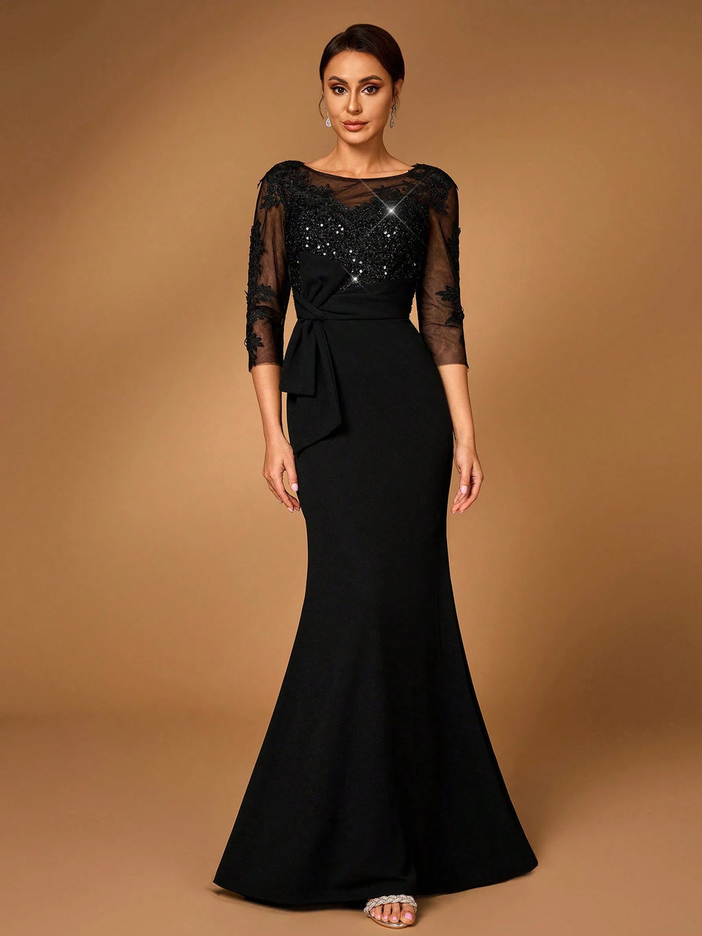 Serin Black Winter Elegant Formal Wedding Evening Dress,Luxury Long Sleeves Sequin Embroidered Lace Elastic - image 5