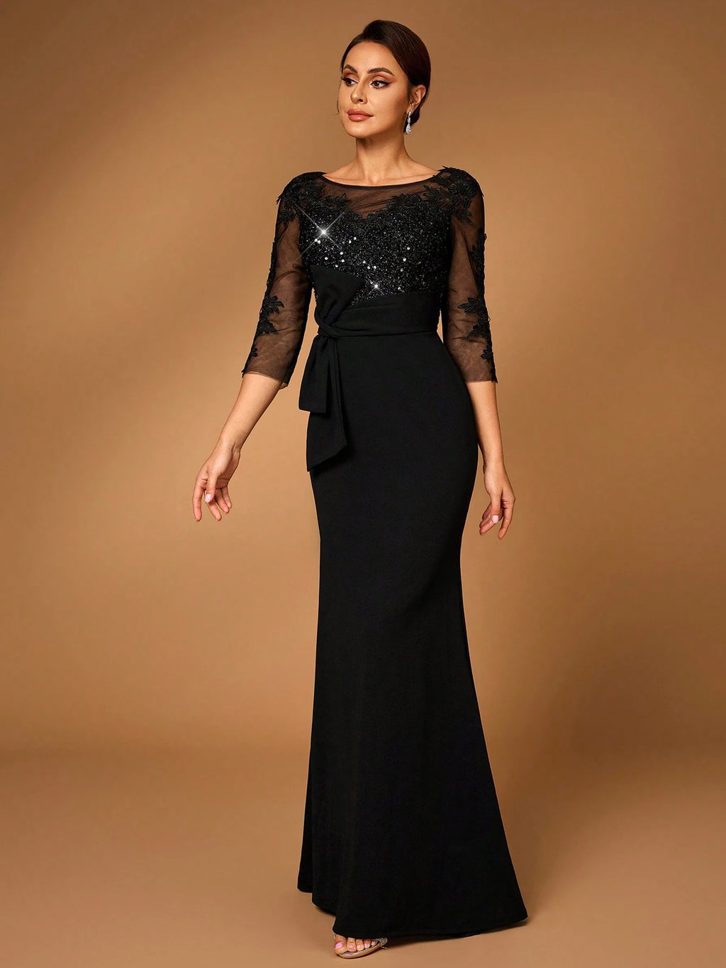 Serin Black Winter Elegant Formal Wedding Evening Dress,Luxury Long Sleeves Sequin Embroidered Lace Elastic - image 7