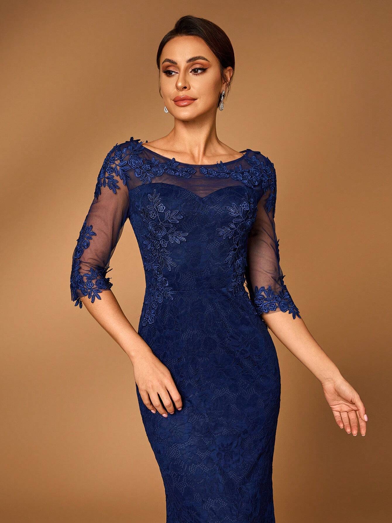 Serin Elegant Navy Blue Winter Formal Wedding Dress,Luxurious Sheer Long Sleeve Pearl Applique Lace Mermaid