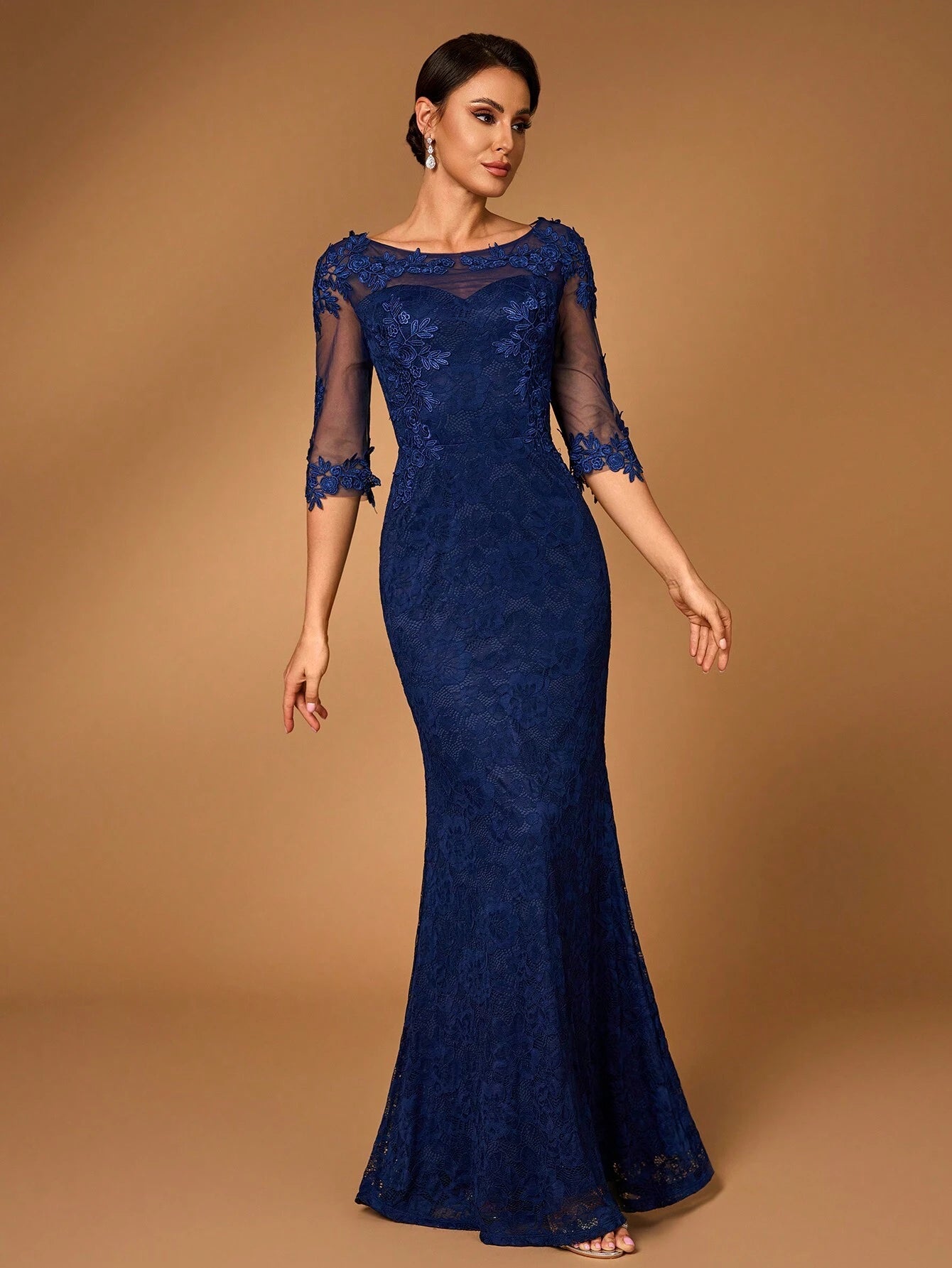 Serin Elegant Navy Blue Winter Formal Wedding Dress,Luxurious Sheer Long Sleeve Pearl Applique Lace Mermaid - image 5