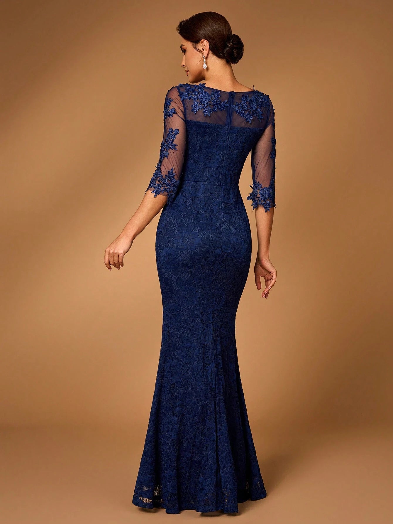 Serin Elegant Navy Blue Winter Formal Wedding Dress,Luxurious Sheer Long Sleeve Pearl Applique Lace Mermaid - image 4