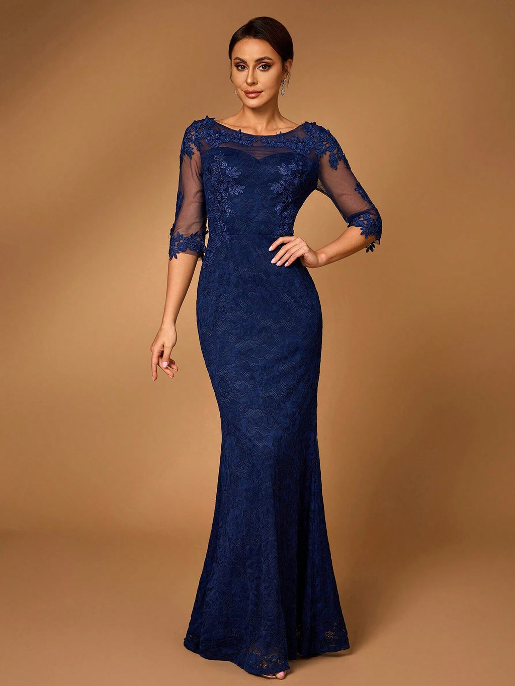 Serin Elegant Navy Blue Winter Formal Wedding Dress,Luxurious Sheer Long Sleeve Pearl Applique Lace Mermaid - image 6