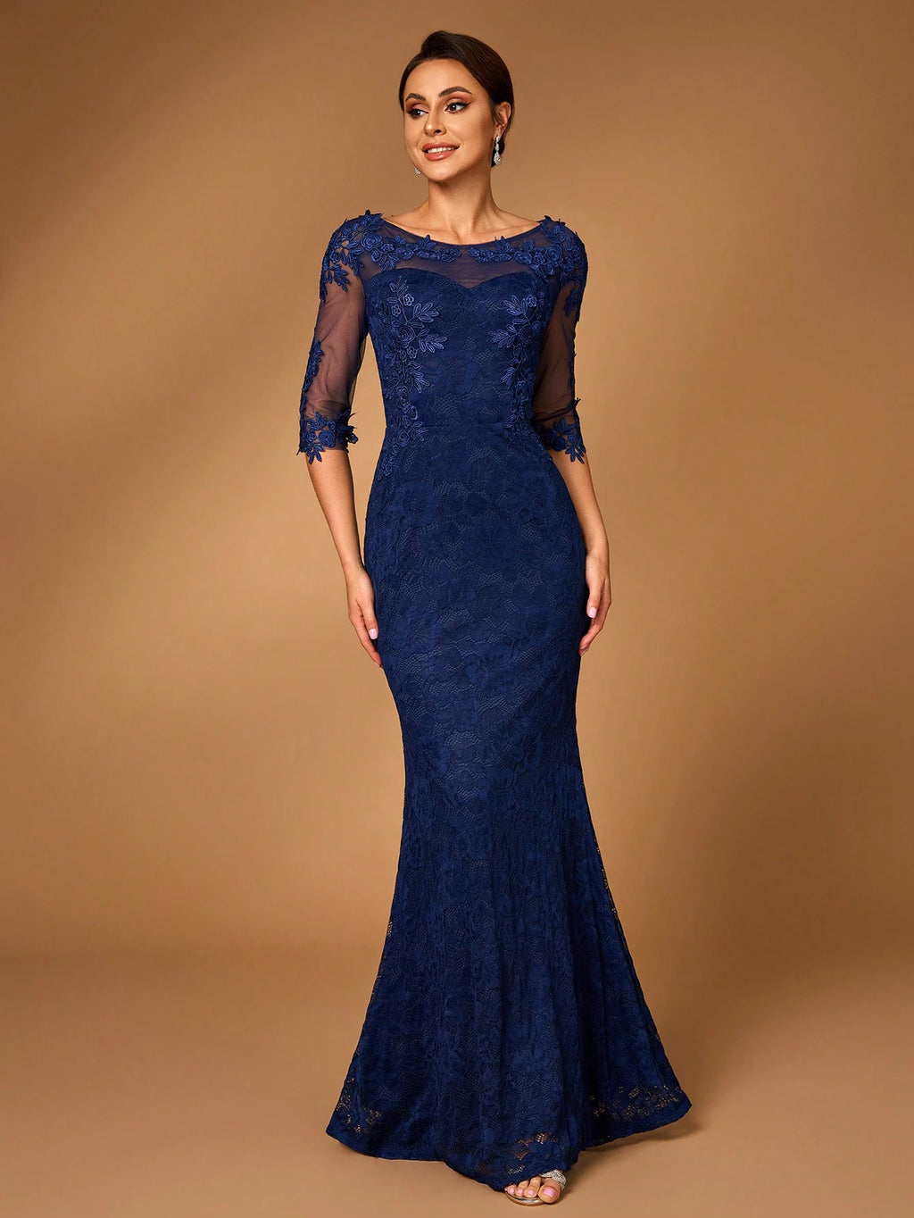 Serin Elegant Navy Blue Winter Formal Wedding Dress,Luxurious Sheer Long Sleeve Pearl Applique Lace Mermaid - image 7